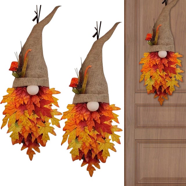 Decoraciones de otoño de 2 piezas, adorable muñeco enano con hojas de arce, corona de temporada de cosecha, decoración navideña de otoño.