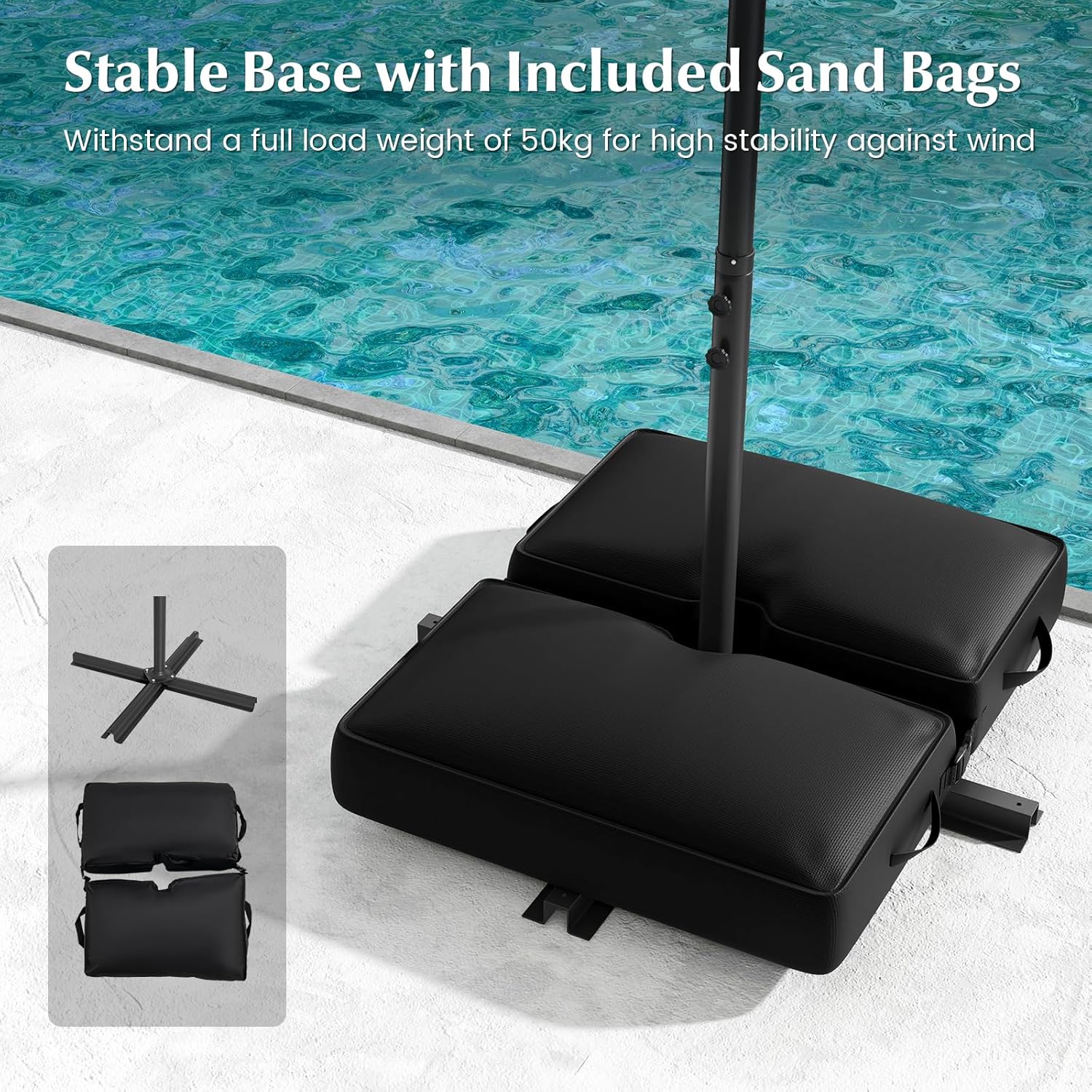 Parasol Déporté Ø300CM Parasol de Jardin Extérieur Inclinable 40 LED Solaires 8 Baleines, Grand Parasol avec Pied pour Terrasse Plage Cour (Bleu) - 6