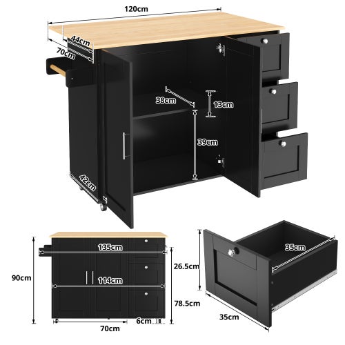 Table de cuisine mobile multifonction noire L135×l44(70)×H90cm, plan ...