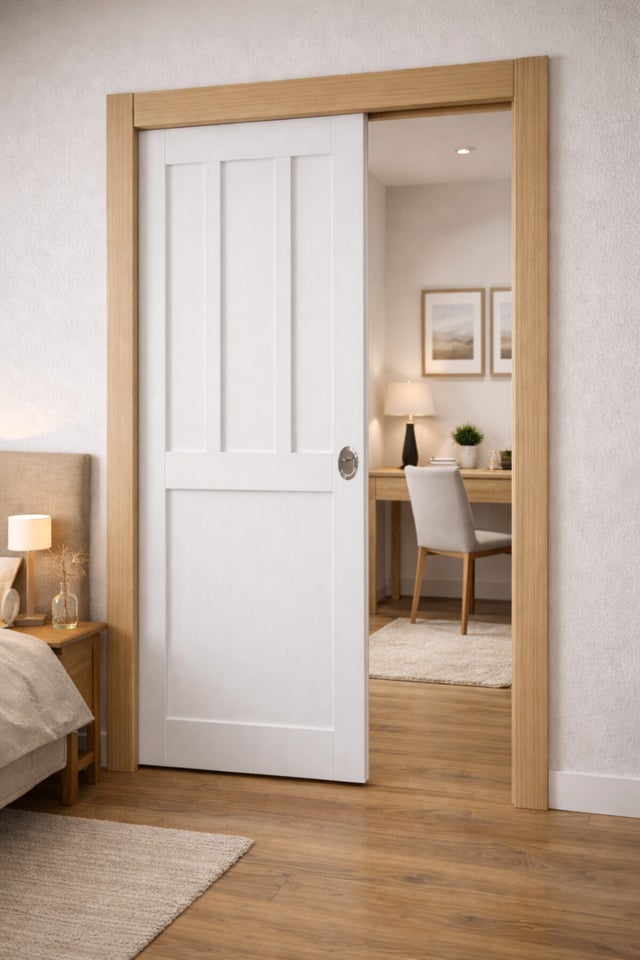 Porte Coulissante Atelier Blanc 2 Panneaux H204 X L73 Cm, Galandage, Kit De Finition Gd Menuiseries