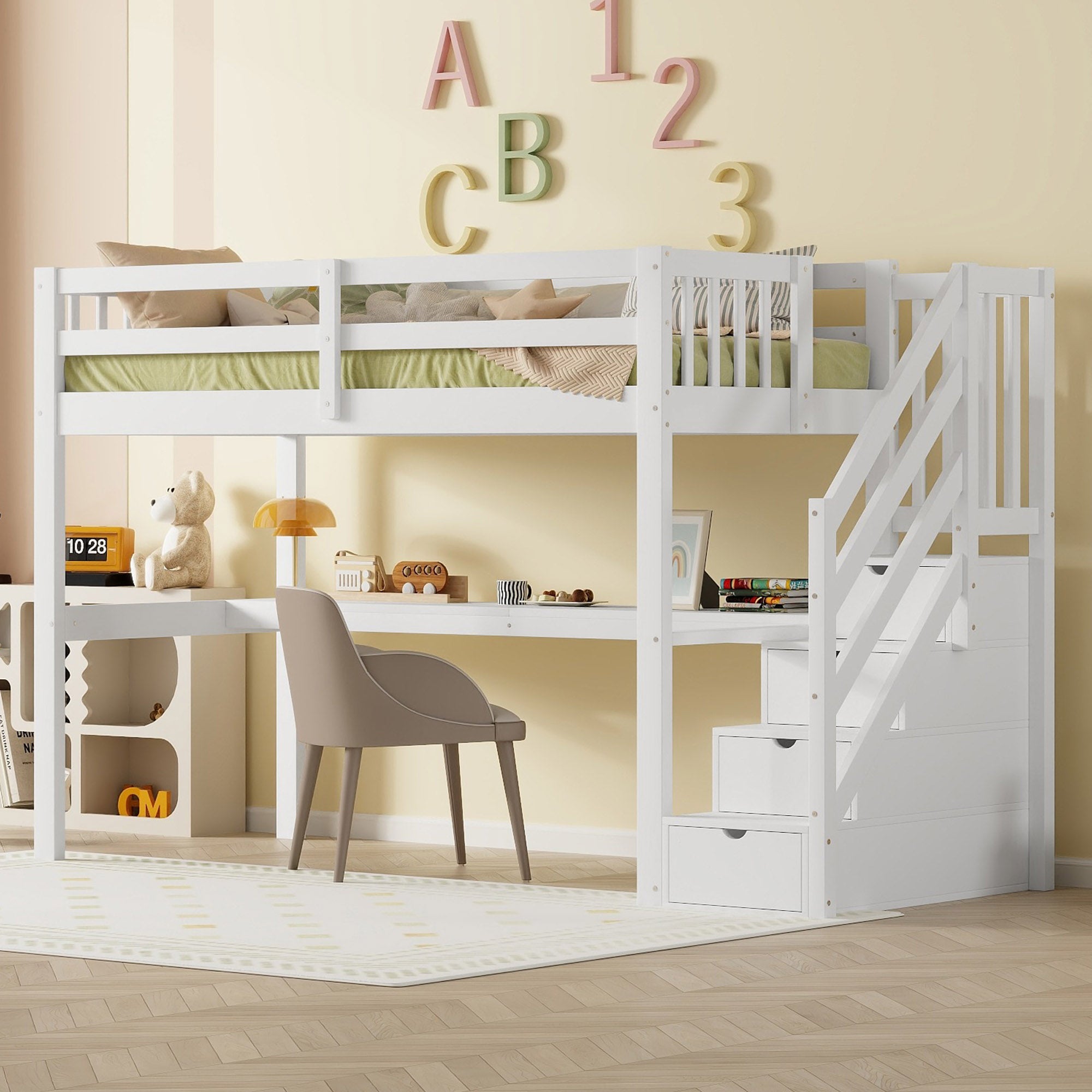Lit mezzanine en bois de pin - 90x200cm - avec escalier de rangement et bureau - avec sommier à lattes - Blanc - 3