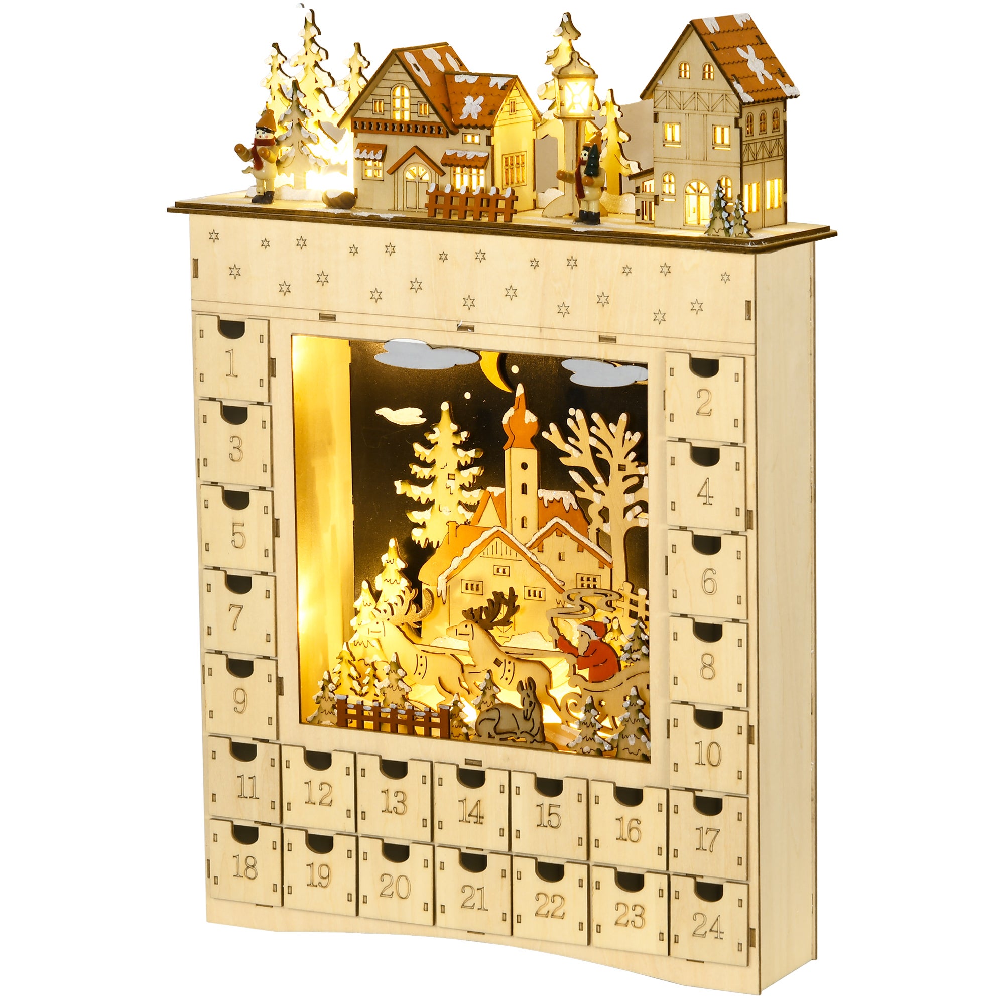 HOMCOM Calendario dell'Avvento riempitivo con illuminazione a LED e 24 cassetti Calendario dell'Avvento in legno con conto alla rovescia | Leroy Merlin