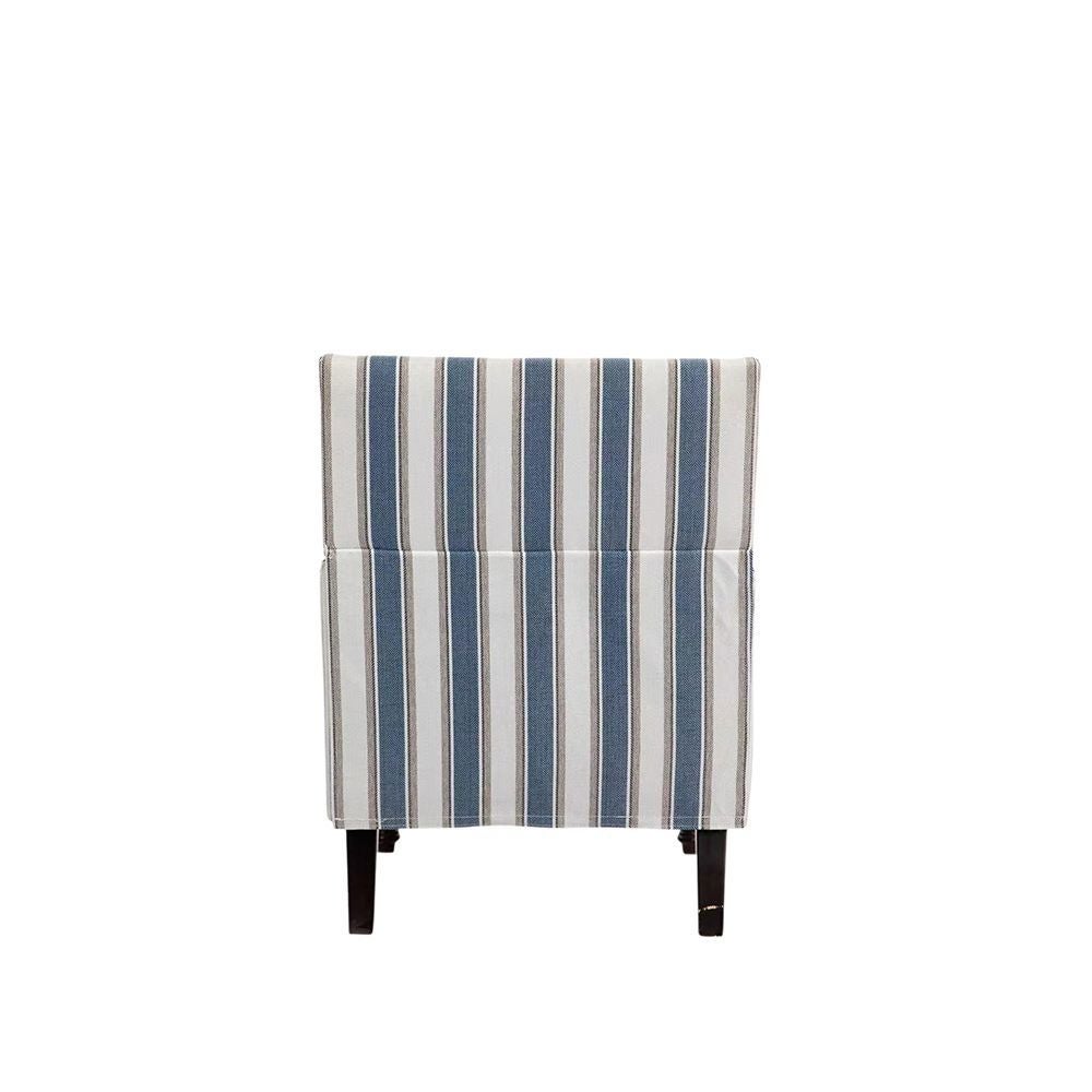 Chaise d'appoint rembourrée vintage tissu lin rayé bleu blanc bordure clous salon - 5