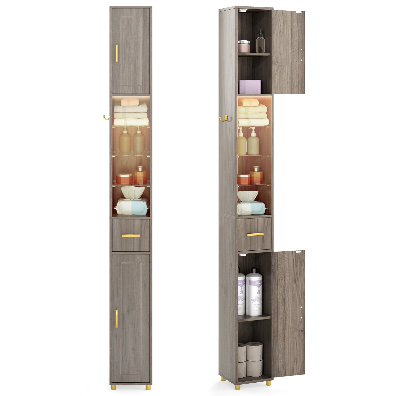 Mobile Da Bagno COSTWAY Alto 181 Cm – Stretto 20×20 Cm, Con 2 Ante, 3 Ripiani In Vetro Regolabili, Cassetto E Luce LED 3 Colori – Grigio