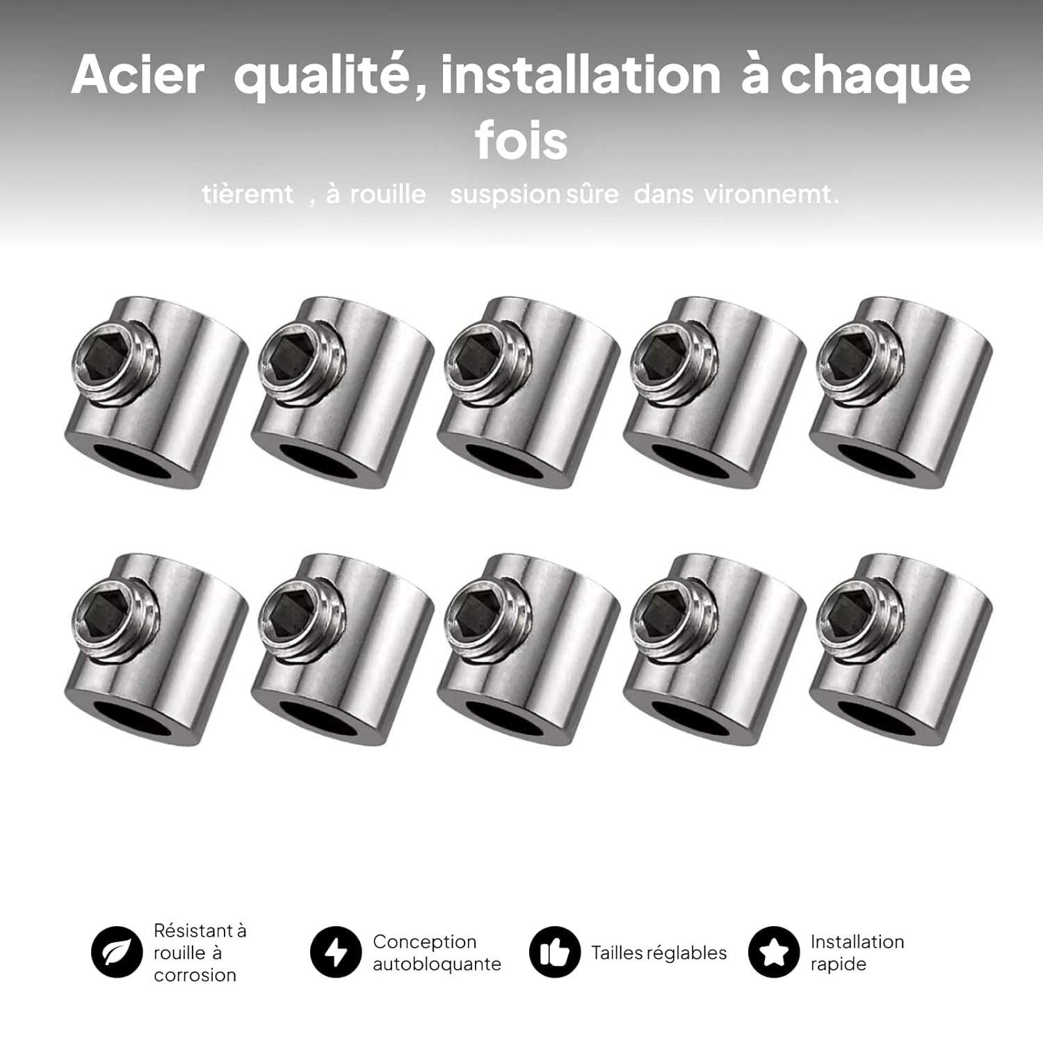 Lot de 10 Serre-Câbles à Assemblage,Serre Cable Trou Unique En Acier Inoxydable, Serre-Câbles Polyvalents pour Câbles Métalliques de 1 à 1,5 Mm - 5