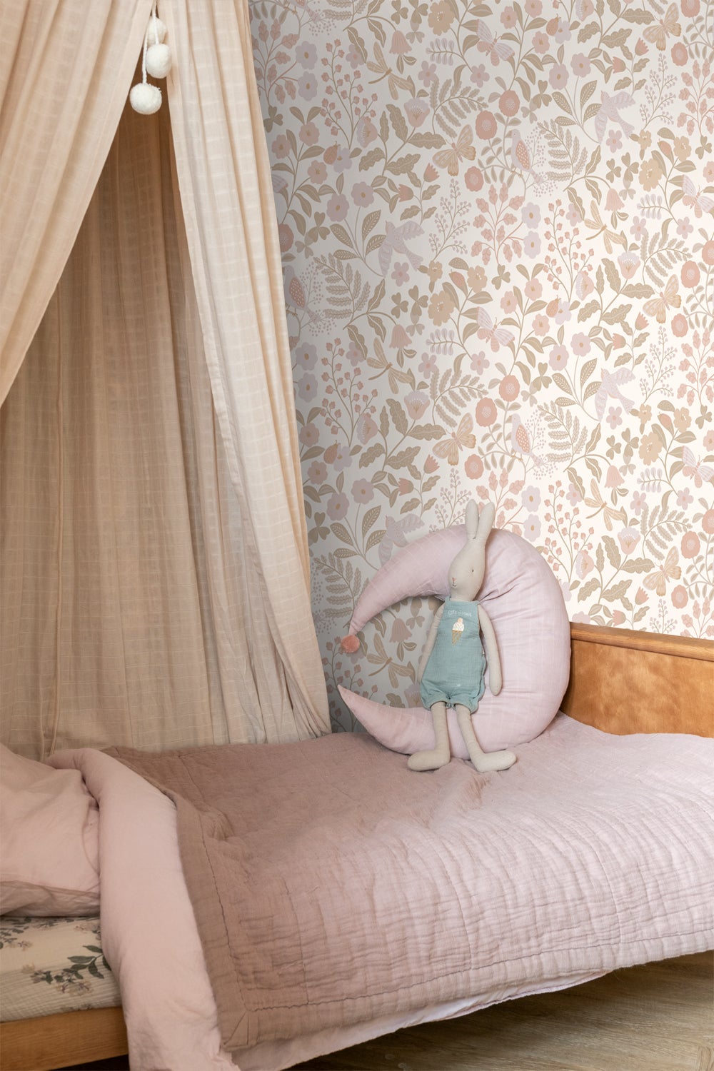 Papier peint fleurs et oiseaux blanc, beige et rose clair - 53 cm x 10.05 m - ESTAhome - 2