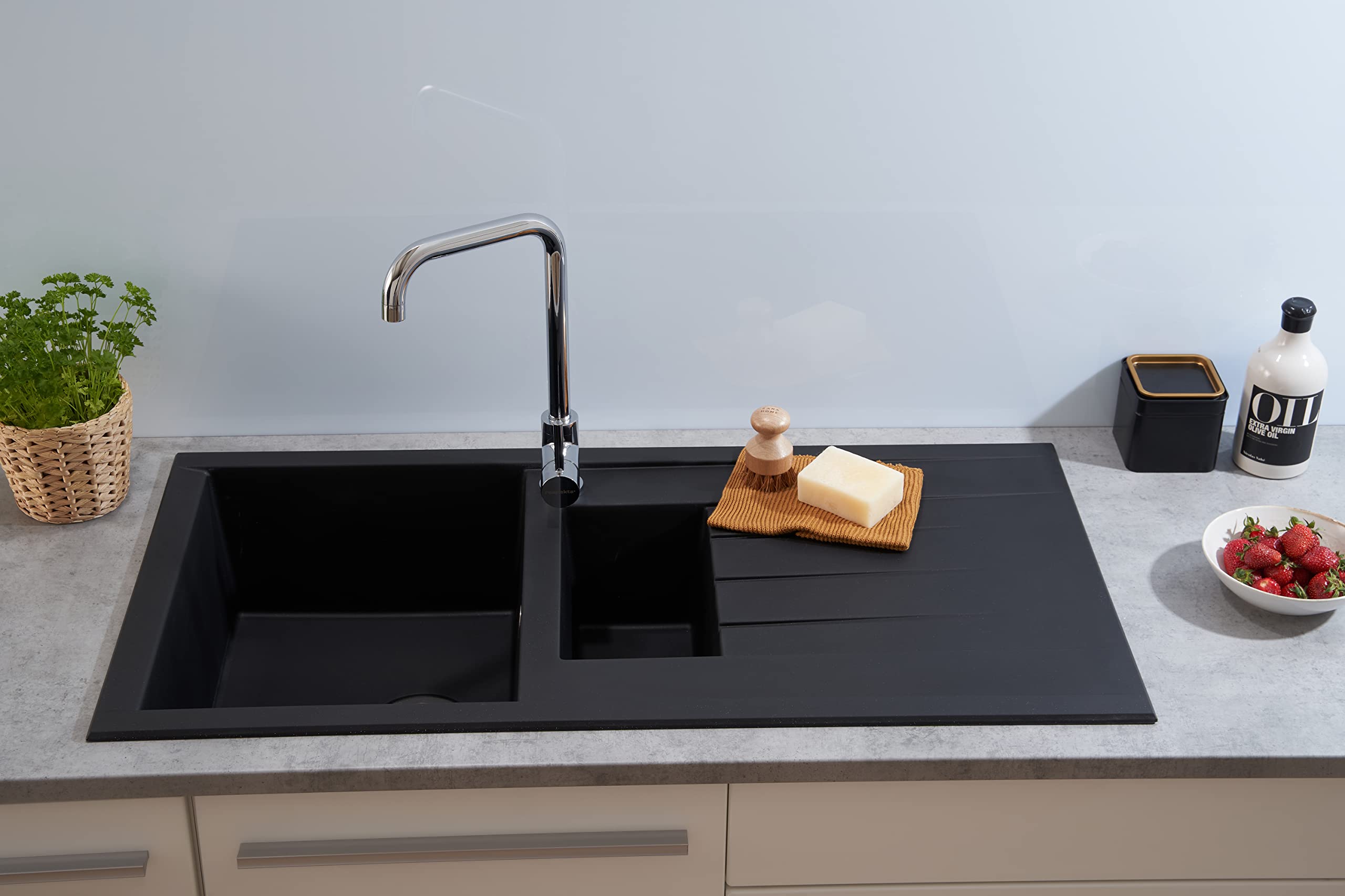 Respekta Houston Lavello in Mineralite nero/Lavello da incasso a 1,5 vasche da 100 x 50 cm/Lavello adatto a basi da 60 cm di larghezza - 2