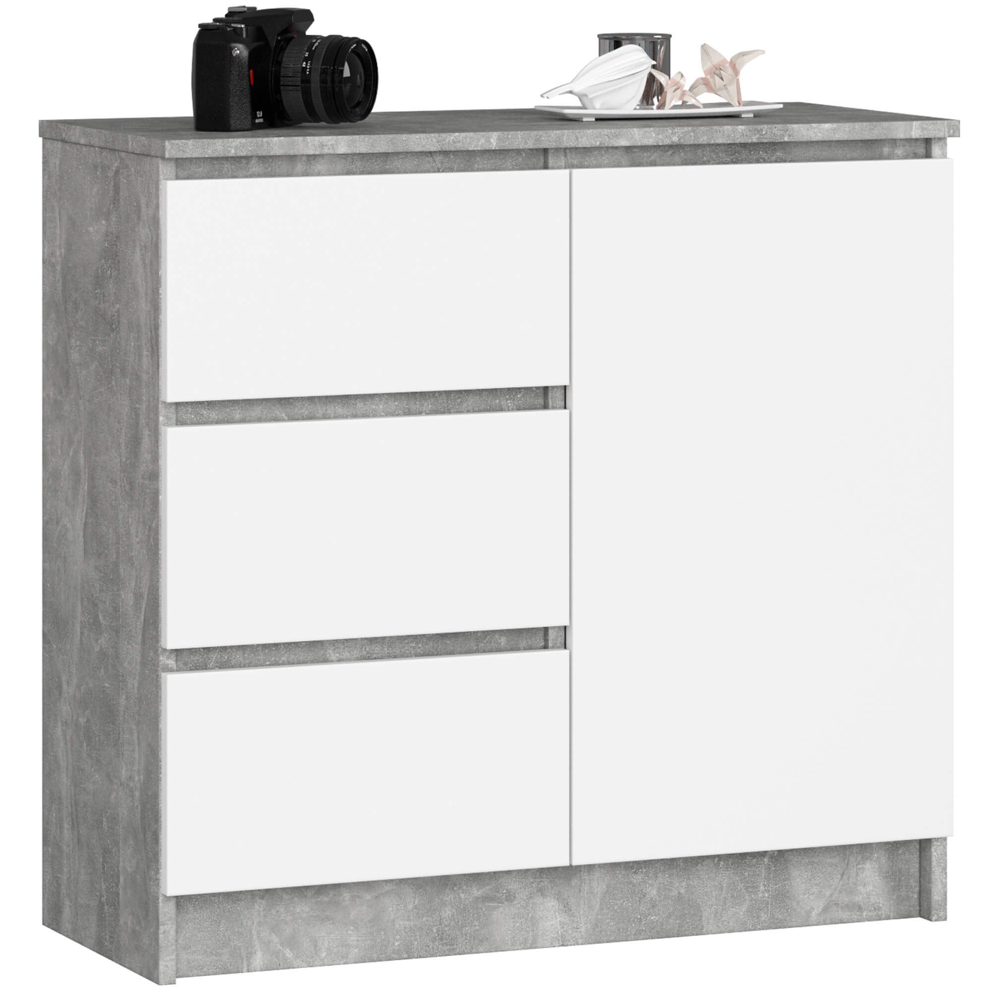 Komoda AKORD JERRY Szary Beton 80 cm 1 drzwi 3 szuflady kolor Biały mat 2 półki 80x35x77 cm