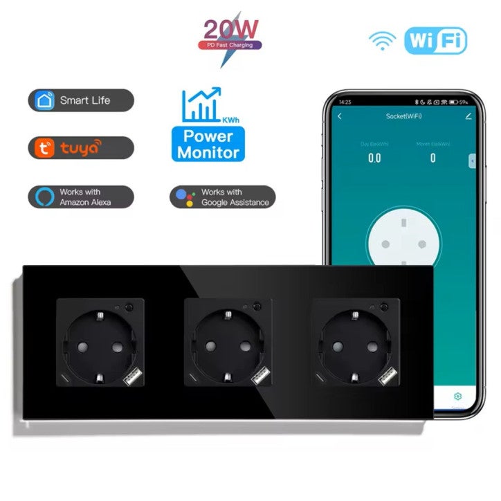 Enchufe triple de pared WiFi conectado negro – 3 puestos con USB & USB ...