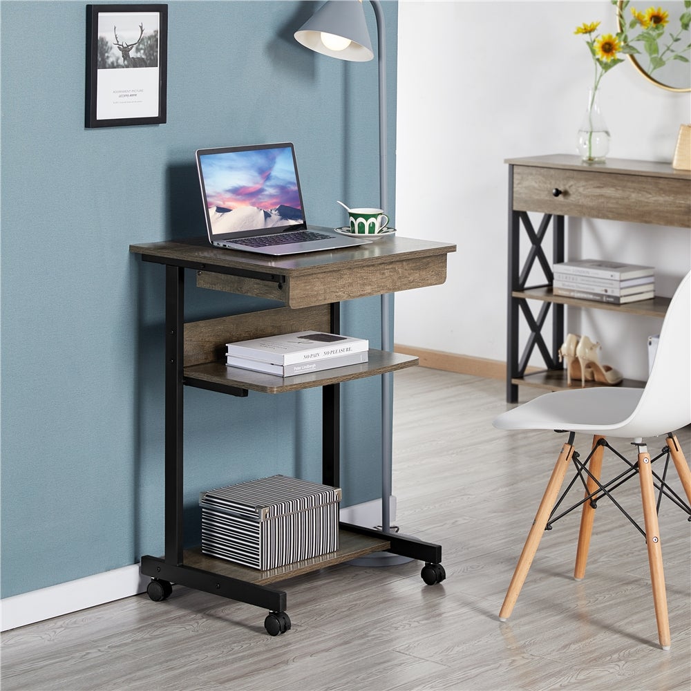 Bureau d'ordinateur Portable en Métal avec Roulettes et Tiroir Étagères de Rangement, Taupe Yaheetech - 3