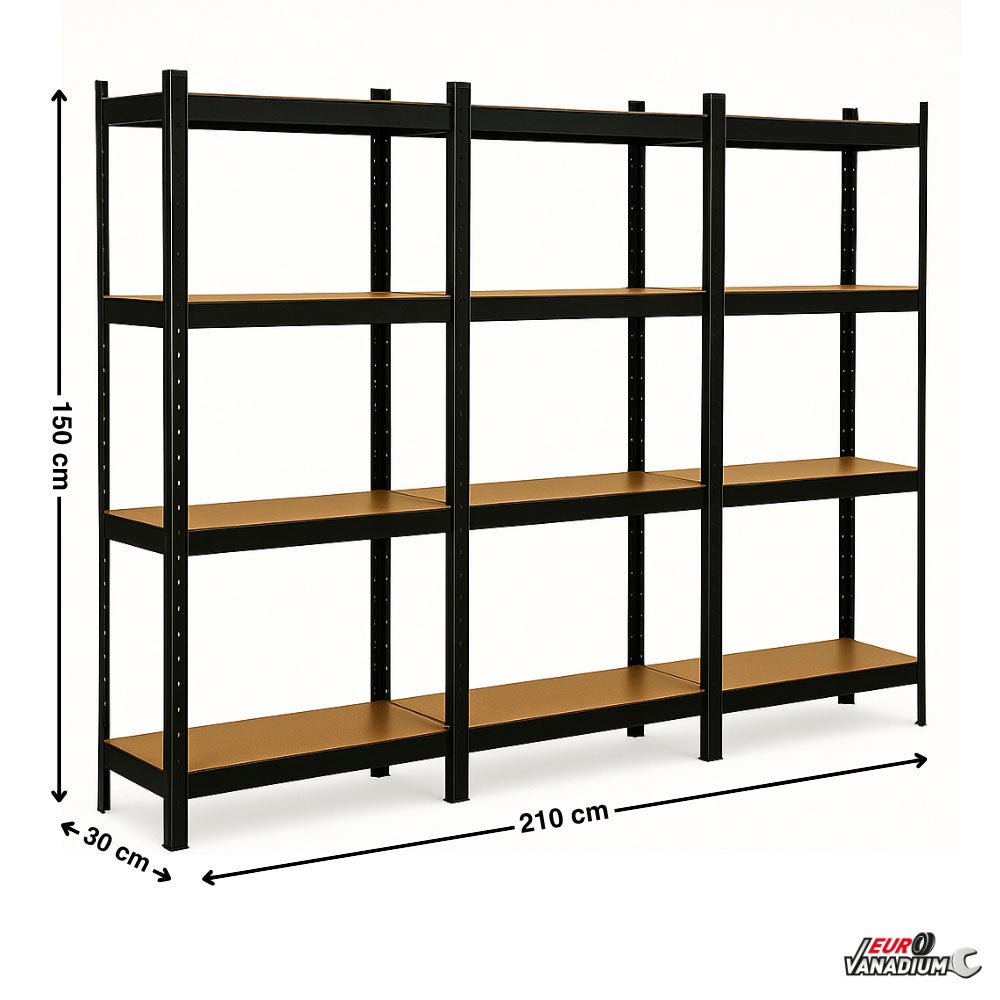 Triple étagère charges lourdes - 2M10 de long -12 plateaux - 210 X 150 - 30 cm - Noir - 5