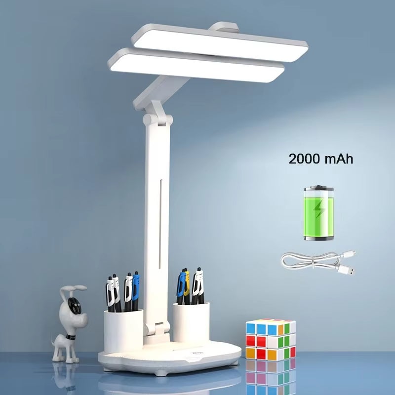 Lampe de table rechargeable pour le bureau, lampe de lecture, lampe de table LED à double lampe avec ventilateur et horloge - 2