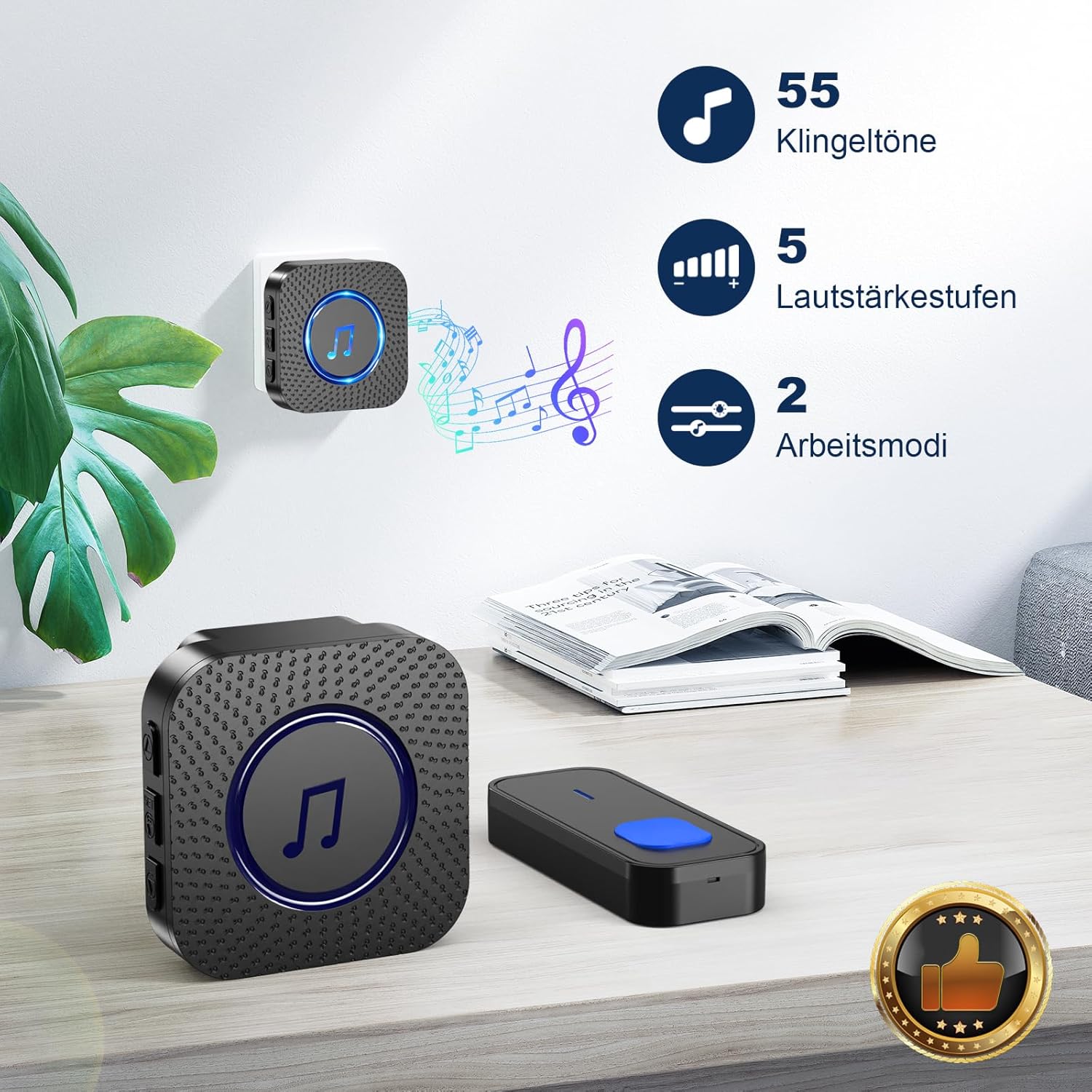 Sonnette électronique sans fil étanche pour extérieur, 2 émetteurs et 1 récepteur, avec prise 55 mélodies, 5 volumes, noir - 3