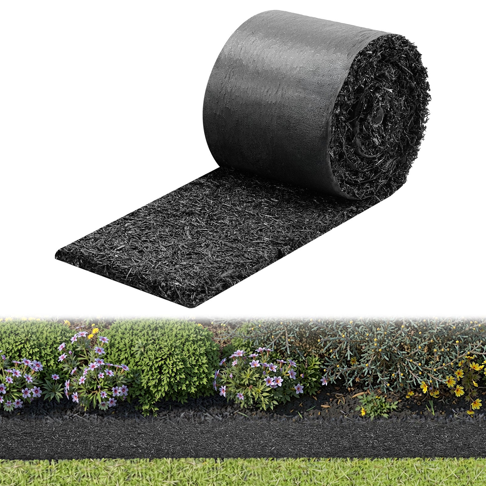 Rolă de mulcire din cauciuc VEVOR (356 x 14 cm) – Covoraș de mulcire din cauciuc, tăiabil, pentru amenajarea peisagistică, alei, borduri de grădină