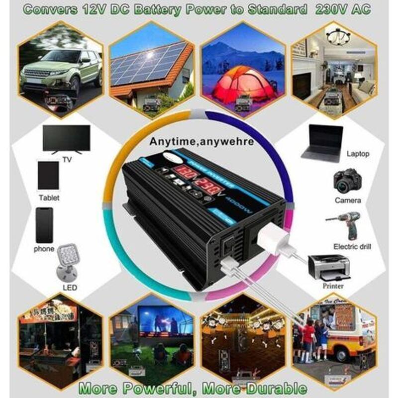 Convertisseur de tension 12V 220V 4000W – Pur sinus – Protection surcharge et surchauffe – Idéal pour camping et voyages - 3