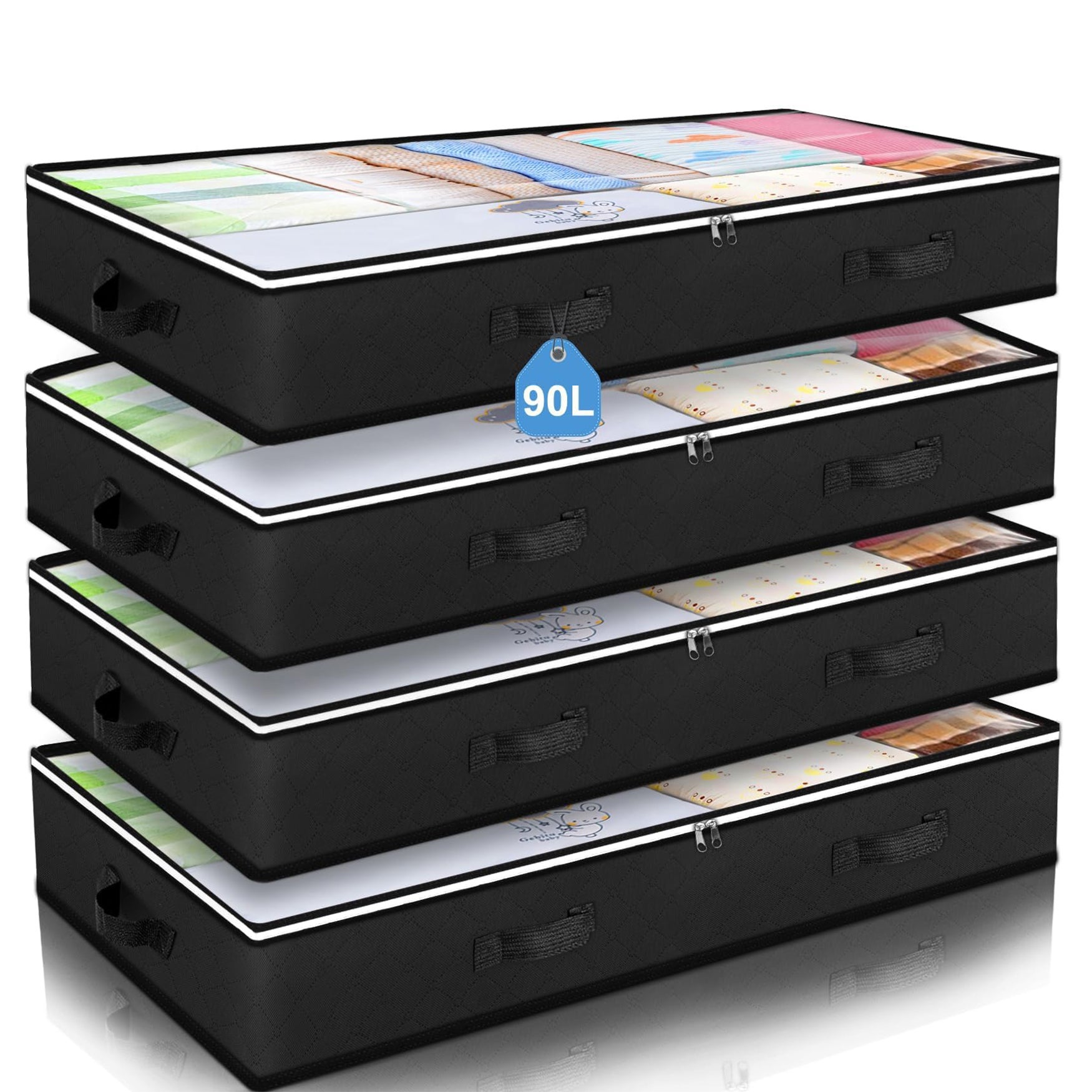 Zestaw 4 pojemników do przechowywania pod łóżkiem, organizer na zabawki pod łóżko i torby do przechowywania ubrań z przezroczystym okienkiem, czarne