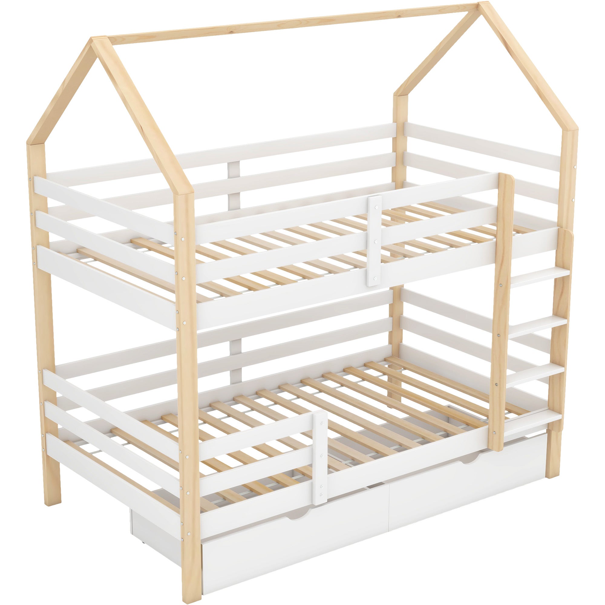 Łóżka piętrowe 2 x 90 x 200 cm z 2 szufladami i drabinką - Drewno lite - Kolor naturalny + biały (materace nie są wliczone w cenę) - 8