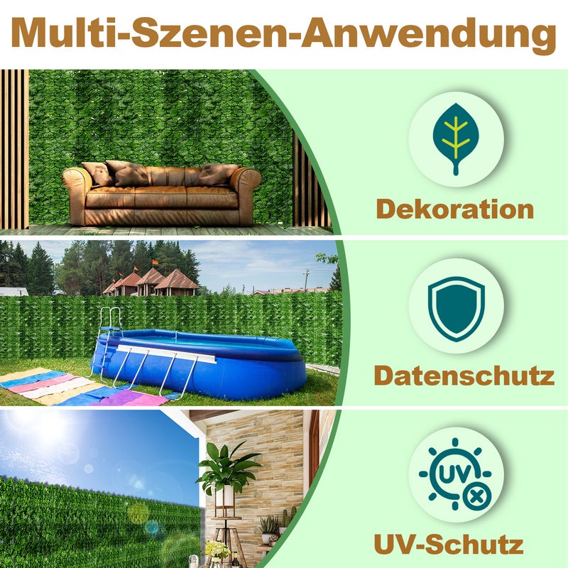 Siepe artificiale, 100 x 300 CM Schermo anti-UV, Fogliame artificiale Recinzione vegetale Fogliame realistico,decorazione giardino esterno,verde - 8