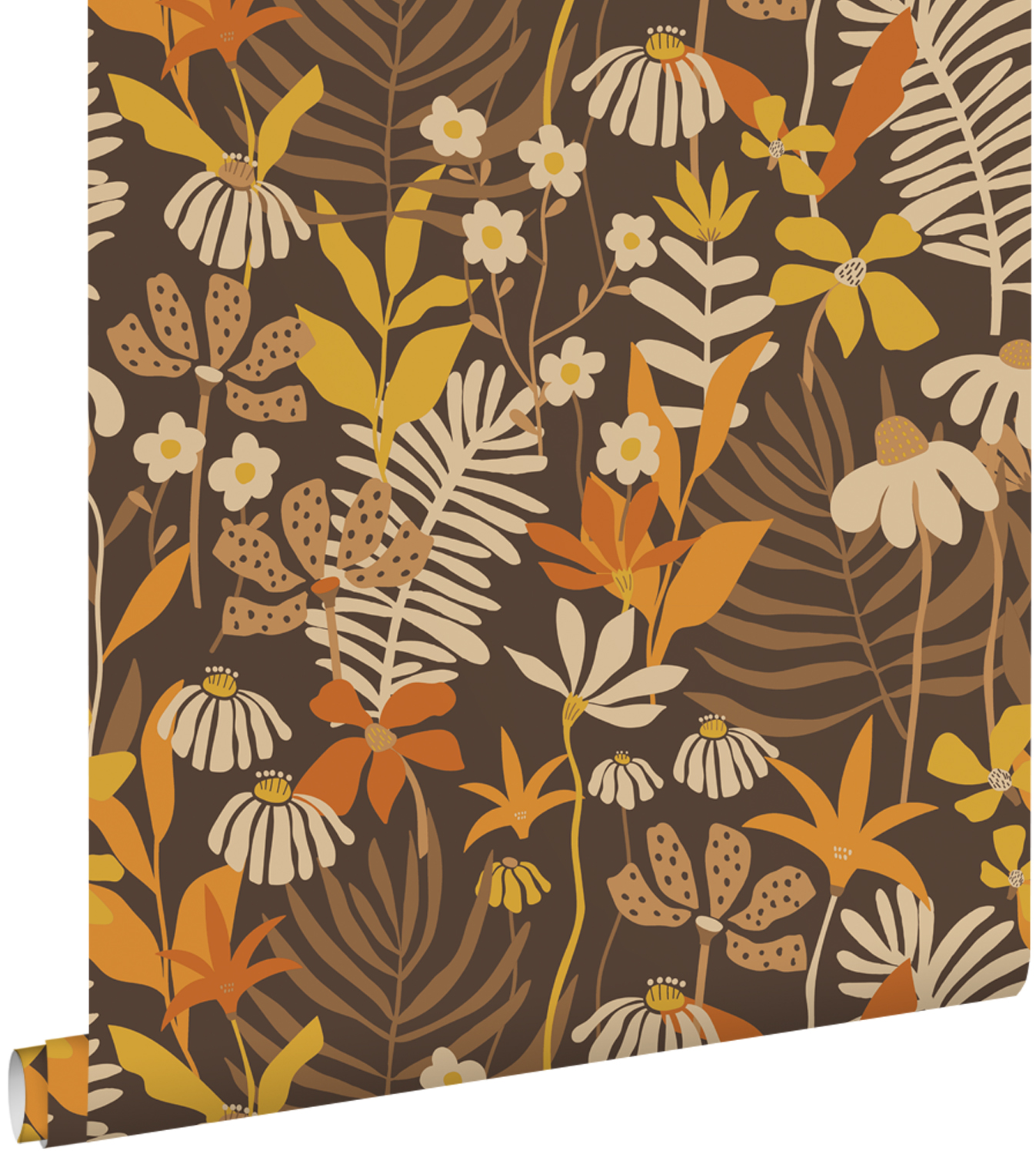 Tapeta tropikalne liście i kwiaty brązowymIw wielu kolorach - 50 x 900 cm - ESTAHOME