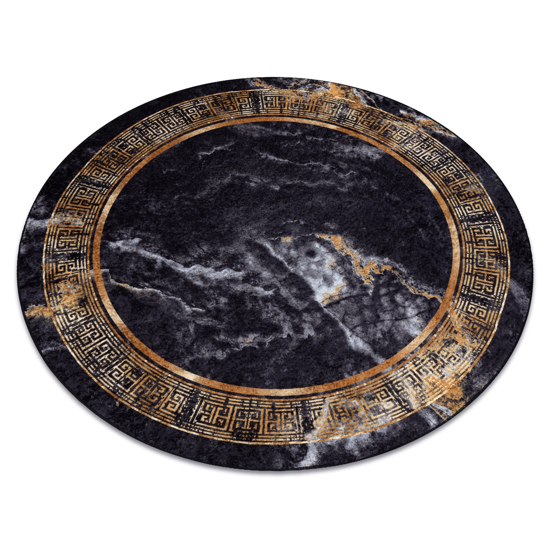 Alfombra lavable miro 51199.806 circulo mármol, griego antideslizante - negro / dorado circulo 120 cm