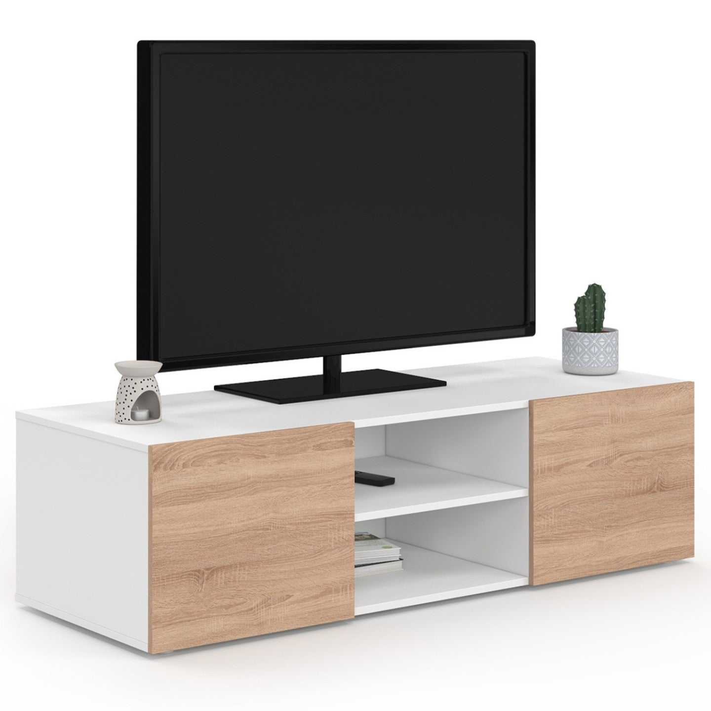 Meuble TV 113 cm ELI blanc portes façon hêtre - 2