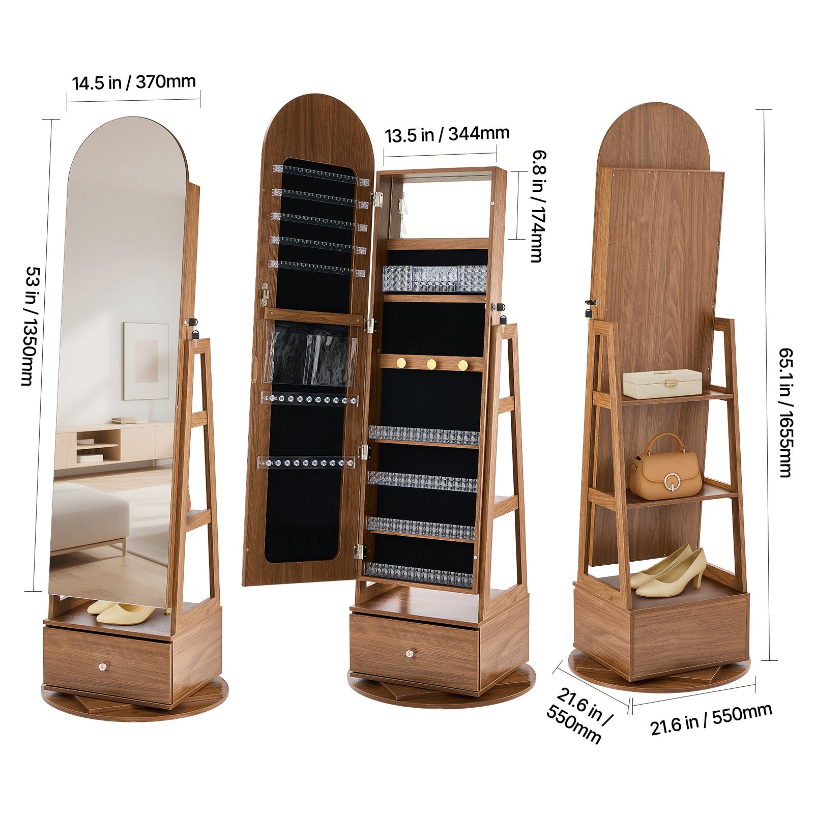 Armoire a bijoux SucceBuy rotative a 360°, meuble de rangement sur pied, 1650 mm, avec miroir integral, etageres pratiques,porte securisee avec 2 cles - 9