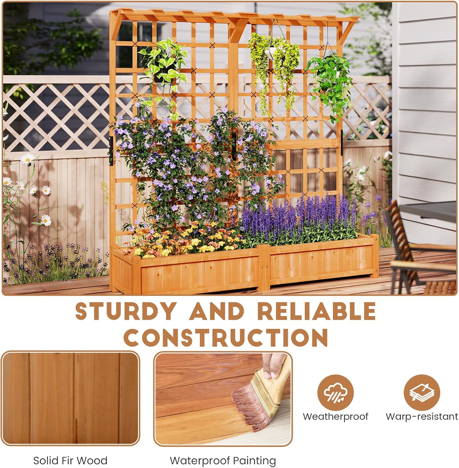Jardinière avec 2 Treillis 2 Bacs Toit Suspendu en Bois, Lit de Jardin Surélevé pour Plante Grimpante, Orange (180 x 48 x 183 cm) - 2