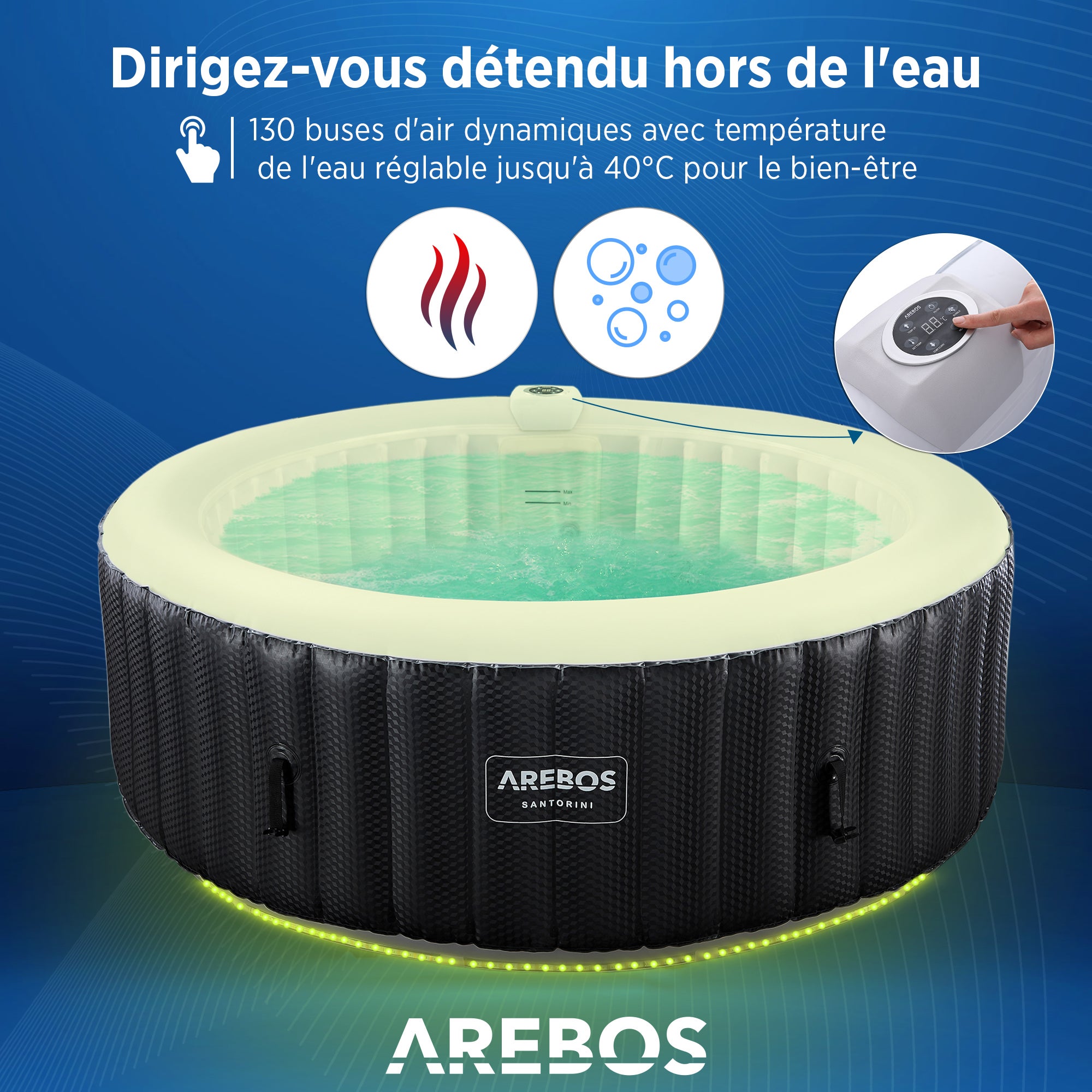 AREBOS Spa Gonflable Gonflable Automatique ⌀ 208 cm 6 Personnes Bande Lumineuse LED 130 Jets de Massage 1000 litres Spa et Bien-être - 3