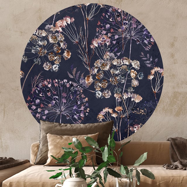 Papier peint intissé pré-encollé fresques géantes - FRESQUE FLEURS CHAMPÊTRE VINTAGE AQUARELLE FONCÉ - 120x120cm