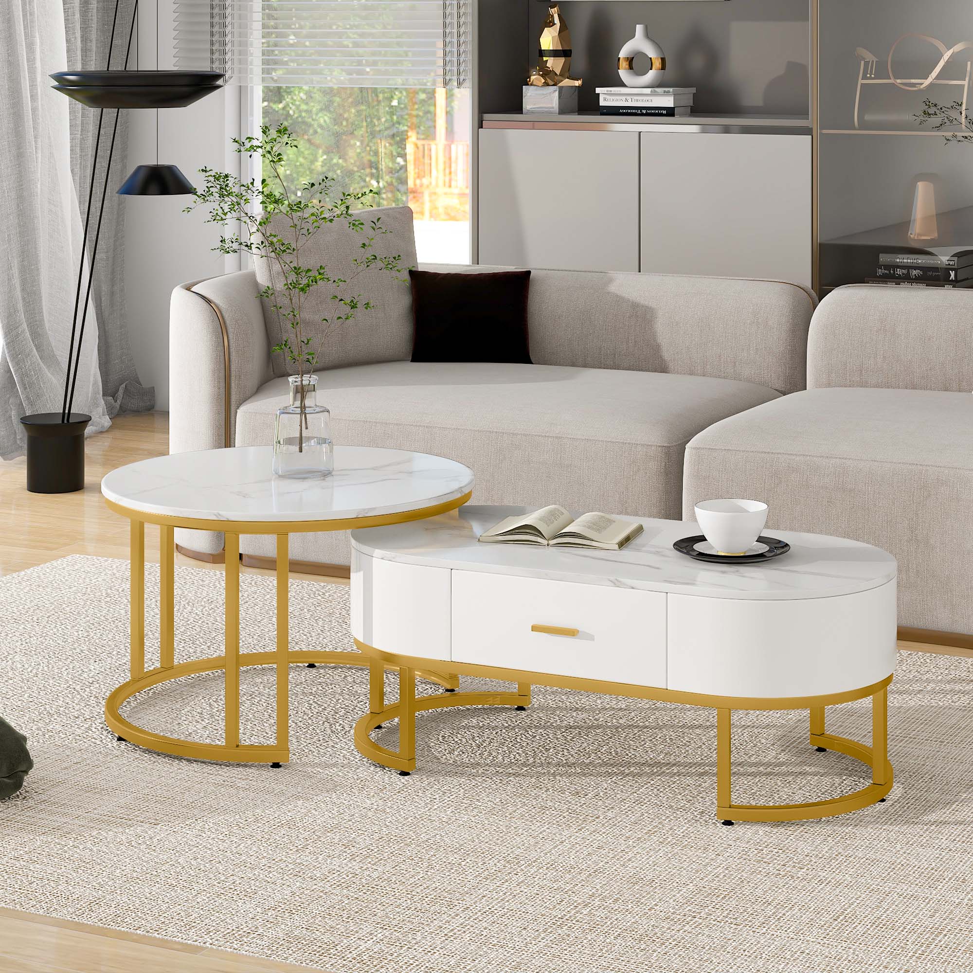Nowoczesny 2-częściowy stolik kawowy z pozłacanego metalu z lakierowanym blatem MDF - Eleganckie stoliki do salonu