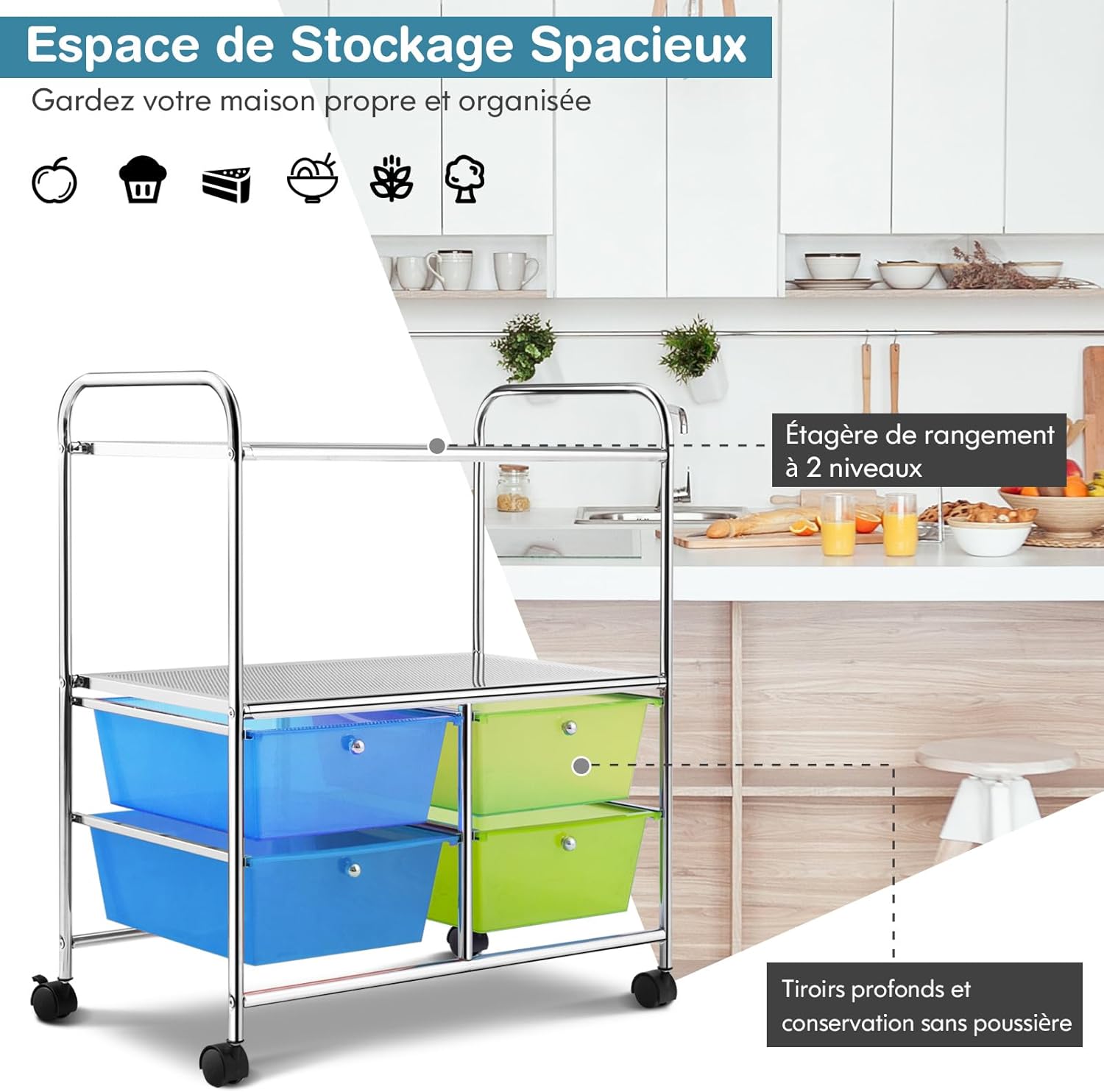 Carrello Portaoggetti con Ruote, 4 Cassetti, Carrellino Organizzatore Salvaspazio, per Uffici, Parrucchieri, 63,5 x 37 x 75 cm (Verde) - 5