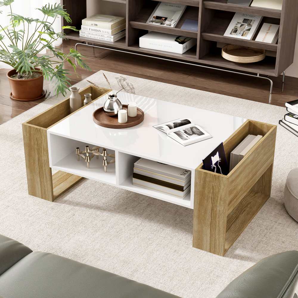 Nowoczesny stolik kawowy z miejscem do przechowywania, 105x60x40 cm, błyszczący blat, szuflady i otwarte półki, elegancki i praktyczny design