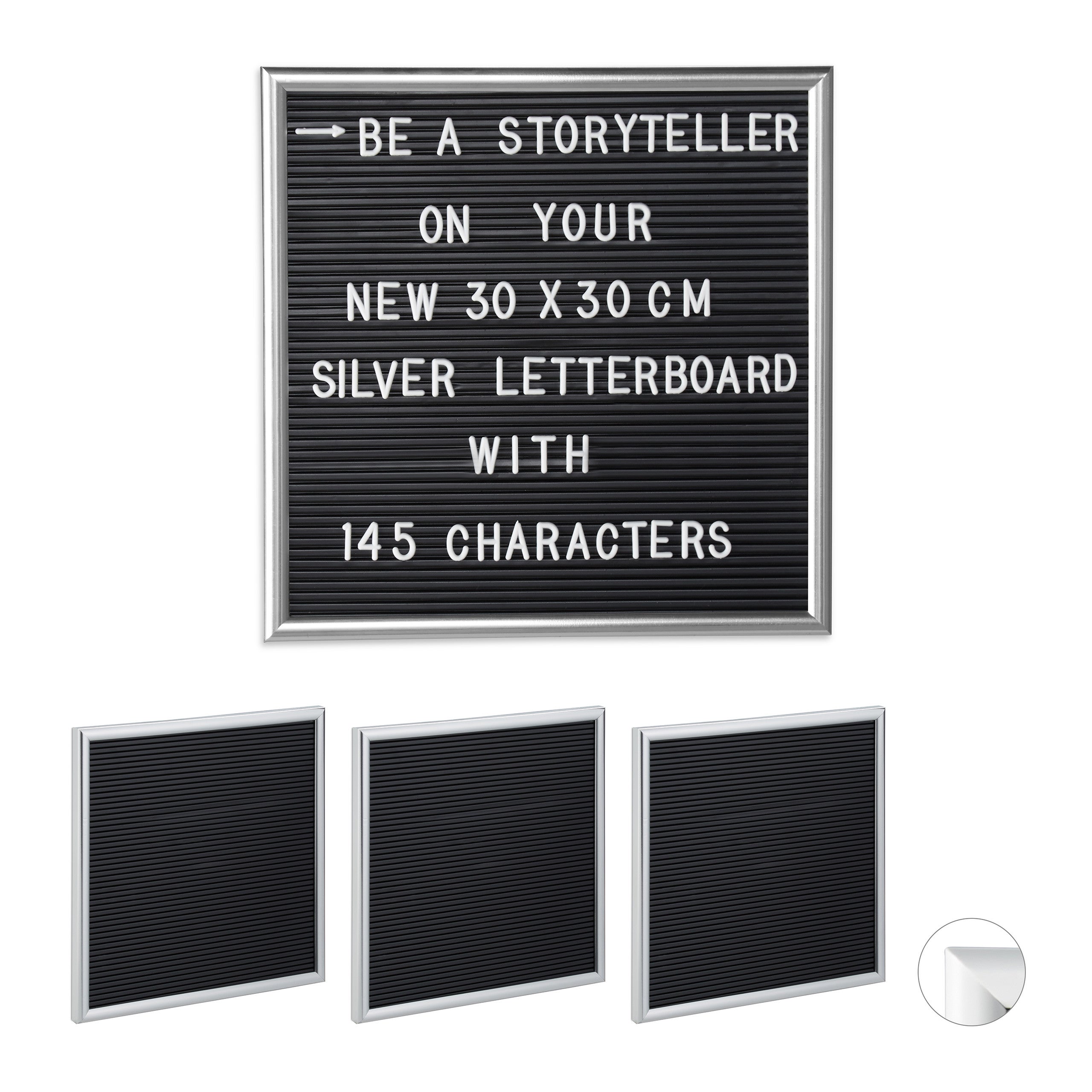 4 letter boards con marco de madera, pizarra 145 letras, números y símbolos, pp y madera, 30 x 30, plateado