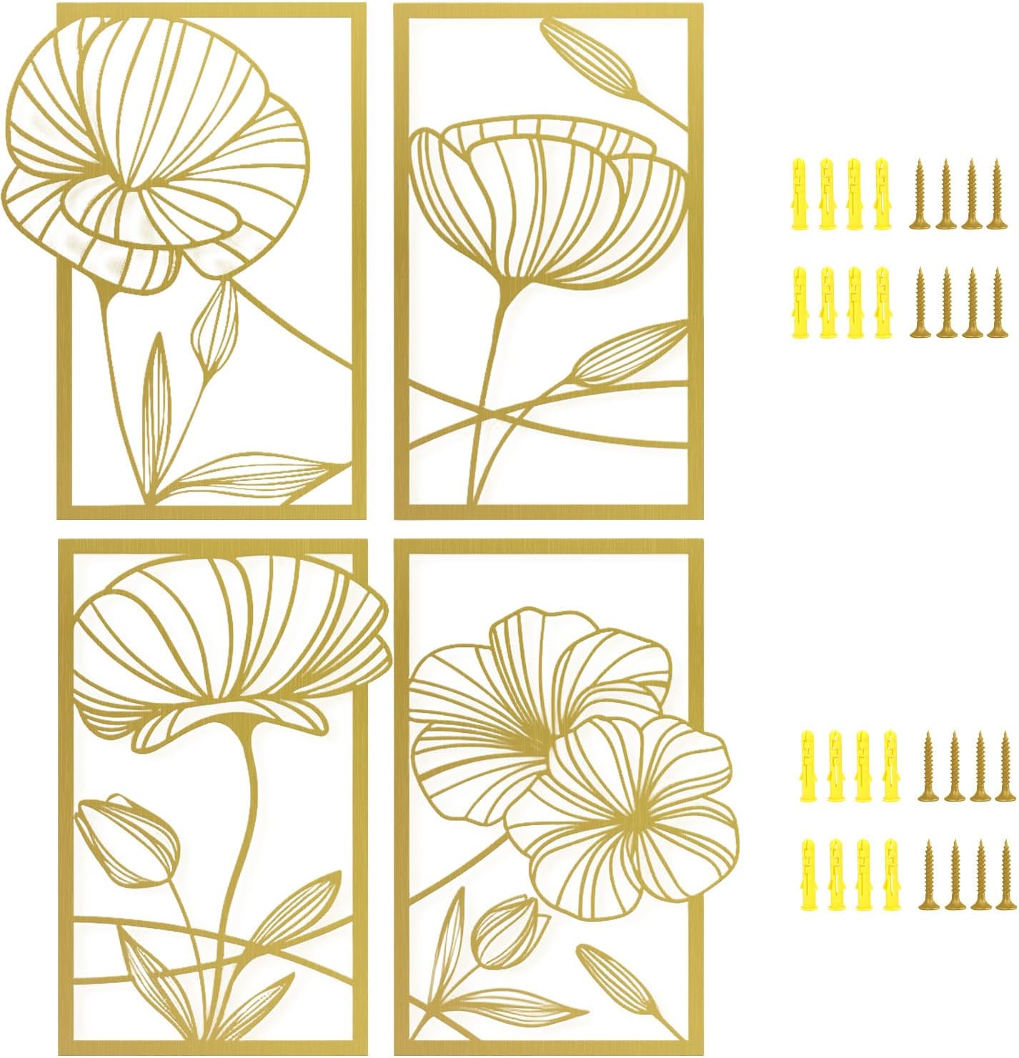 Lot de 4 décorations murales métal doré, 24x40cm. Sculptures murales modernes ligne unique fleur de lotus. Pour maison, bureau, salon, hôtel - 5