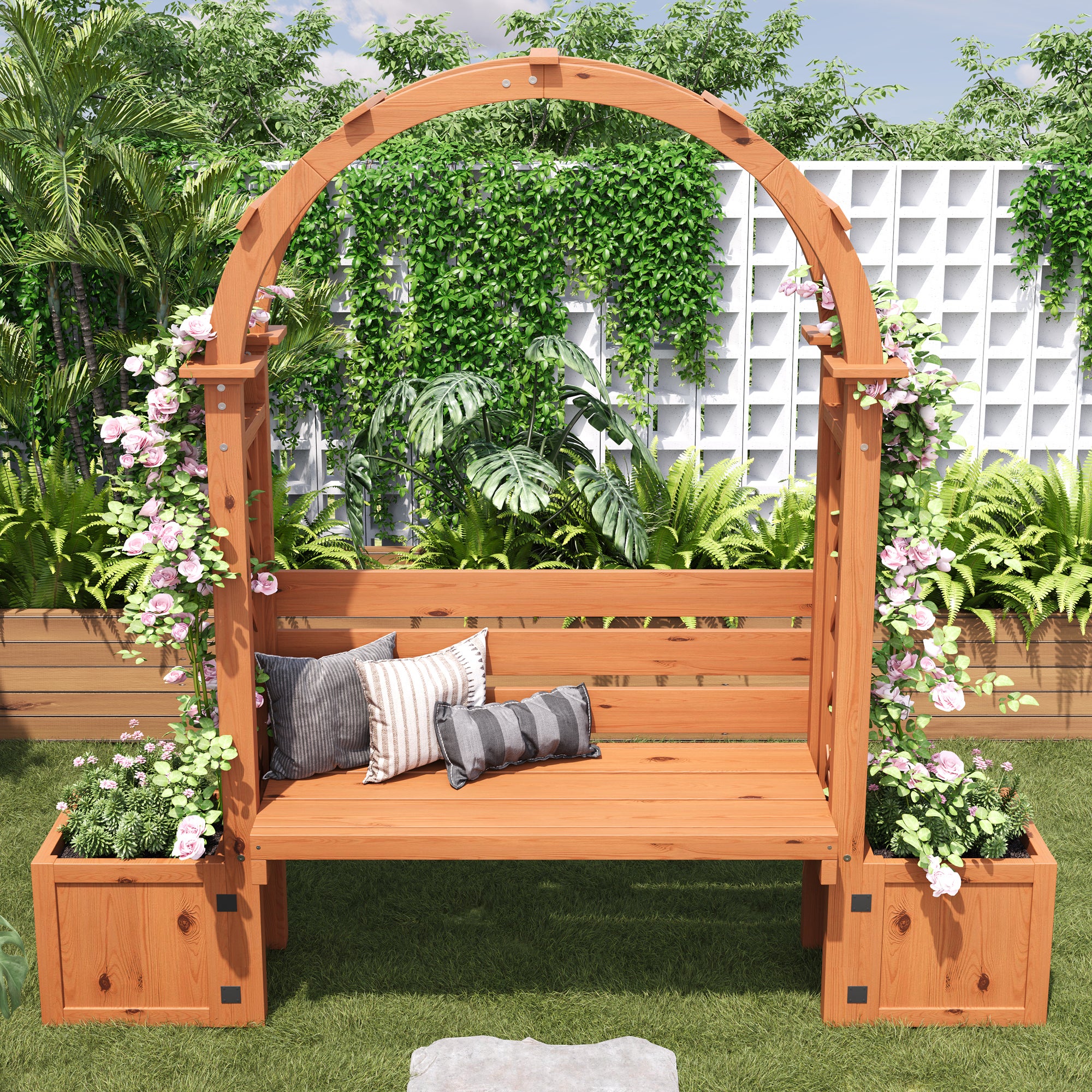 Jardinière sur Pièds avec Treillis en Bois massif + 1 Banc 2 Places - 160 x 30.5 x 160 cm - Naturel - 4