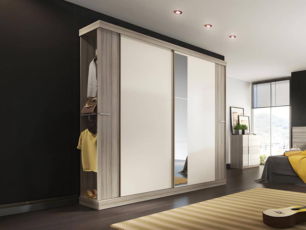 Armoire 2 portes coulissantes Avec miroir L231cm Coloris Naturel et ivoire ADALRIK II
