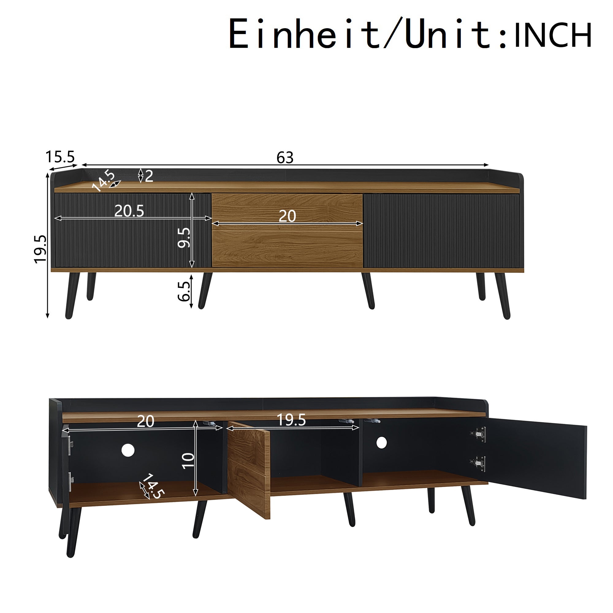 Meuble TV, meuble bas trois portes. Construction compacte. Finitions noir et bois naturel, 49.5*160* 39cm - 5