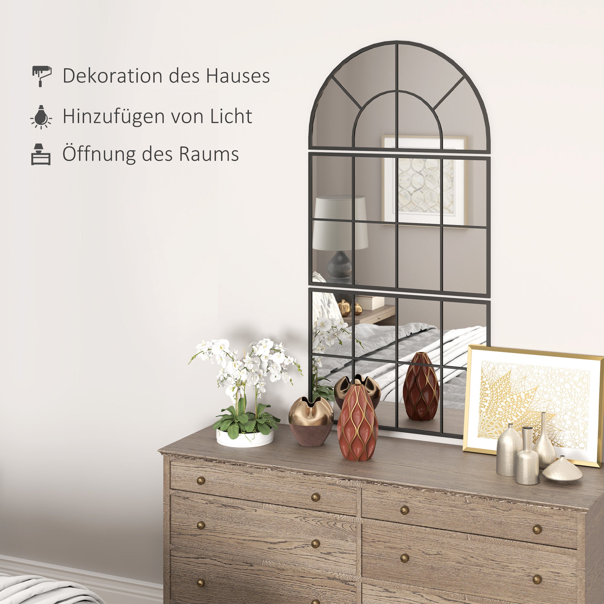 Espejo de pared de tres piezas, espejo arqueado con marco de metal, espejo decorativo para ventana, espejo colgante para baño, sala de estar, negro - 5