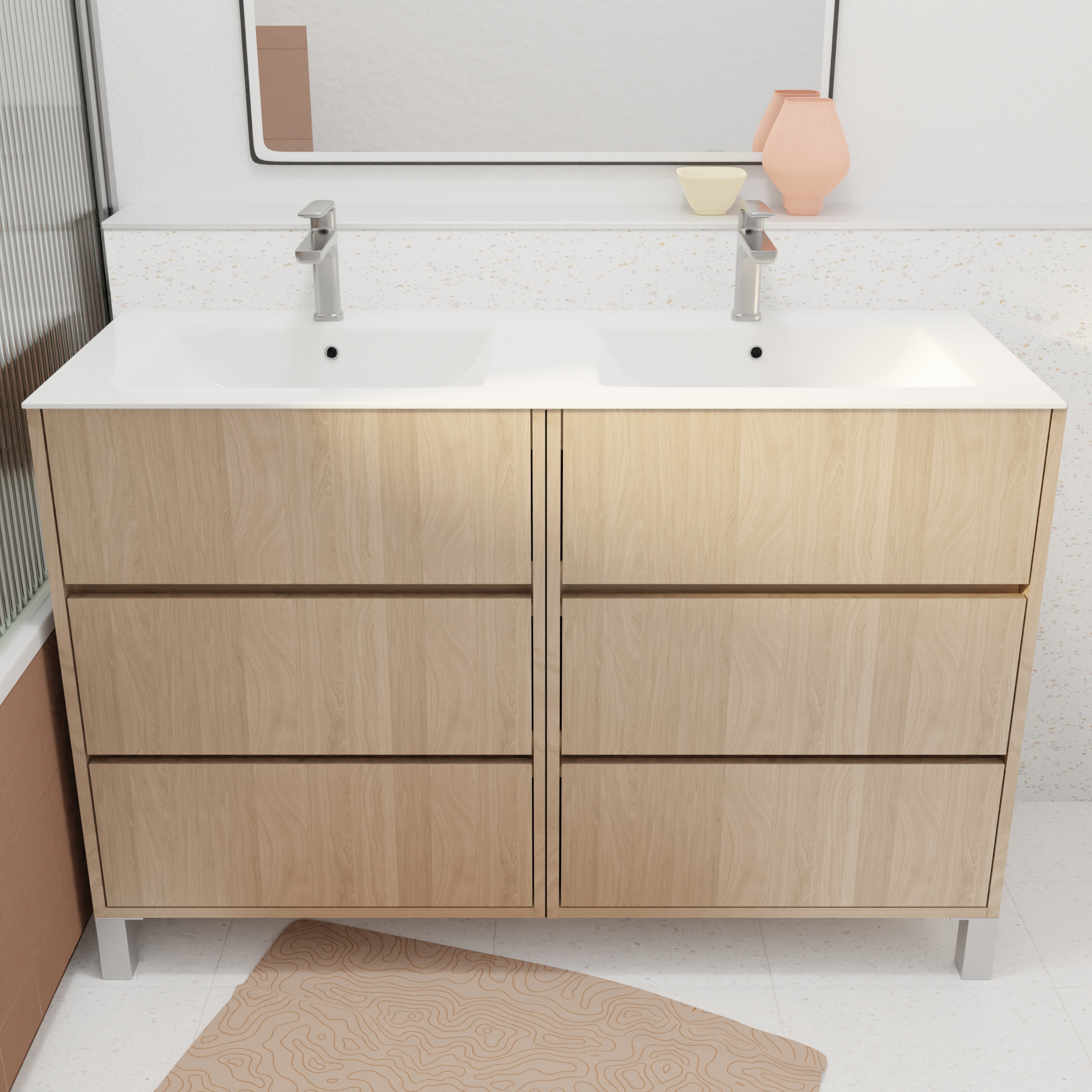 Pack Meuble Salle de Bains 120 cm Chêne Clair, 6 tiroirs avec Vasque Céramique - XENOS - 6