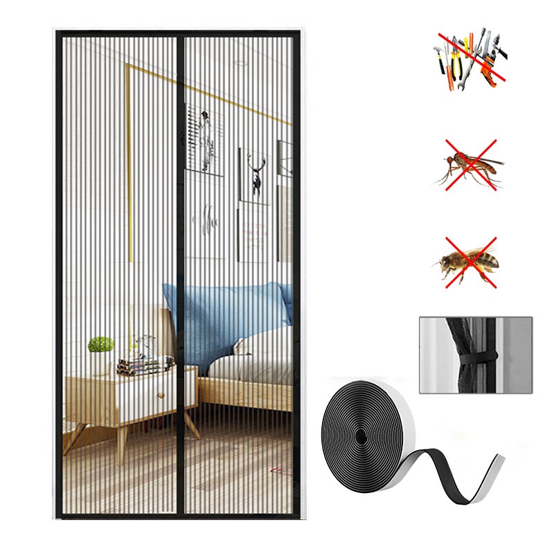 Magnetyczna moskitiera do drzwi, kurtyna do drzwi chroniąca przed owadami z magnesami i taśmą samoprzylepną, czarna, 80 x 200 cm