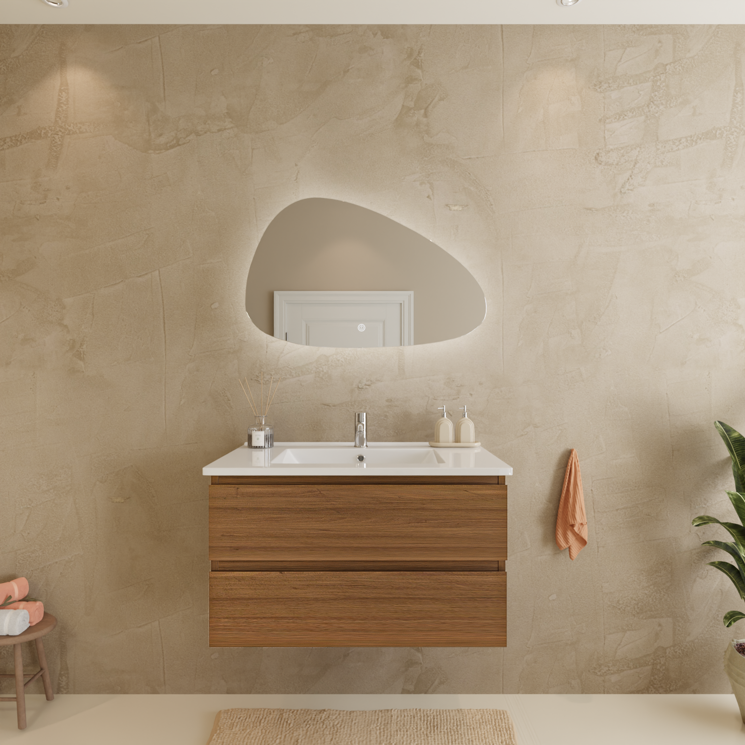 LOMAZOO Meuble De Salle De Bain Marenza Chêne Chaud 80cm - Lavabo Blanc - 3