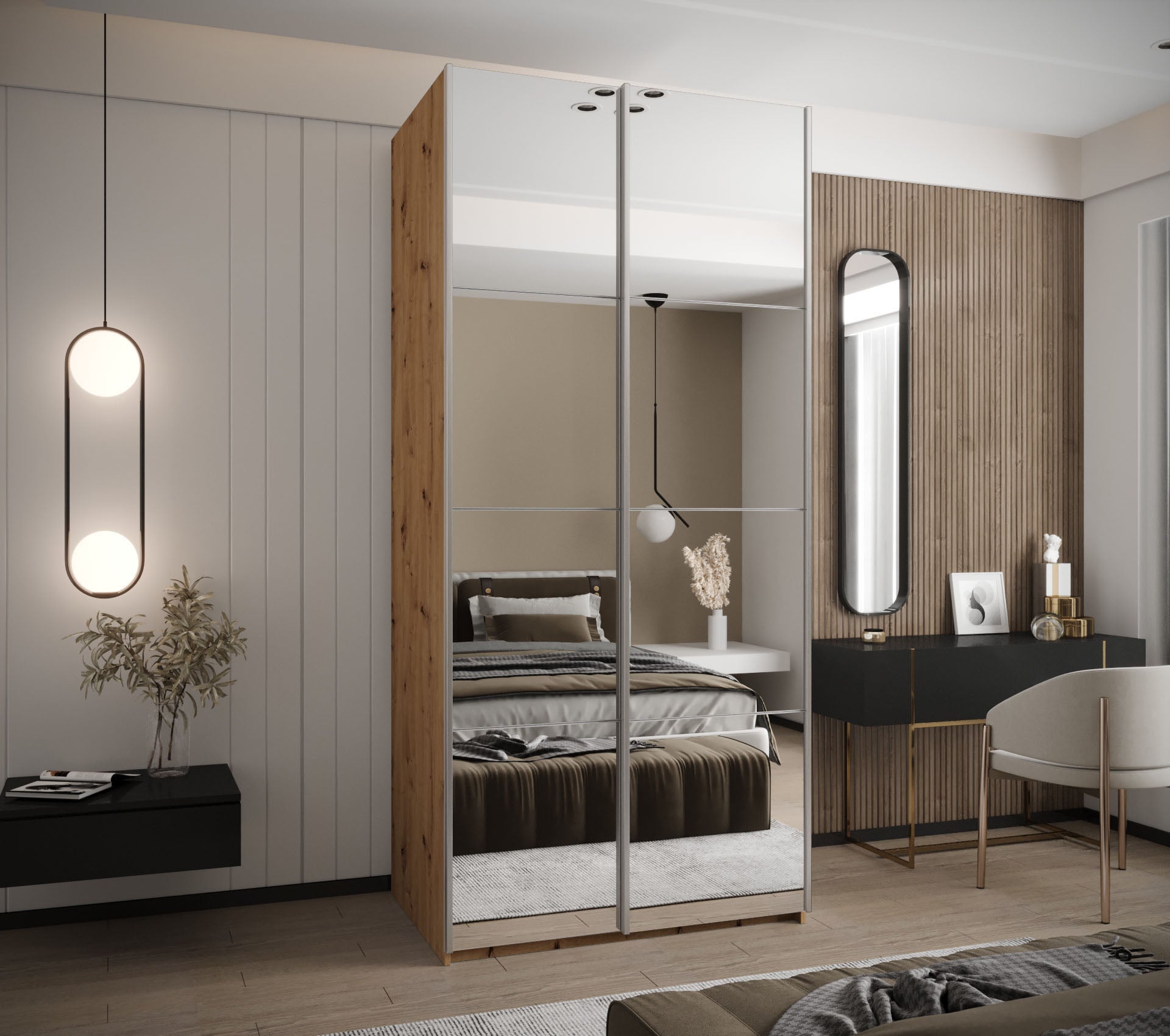 Szafa przesuwna wysoka Lux 2 110 x 64 x 245,5 cm artisan + biały + u. srebrny - Abiks Meble - 2