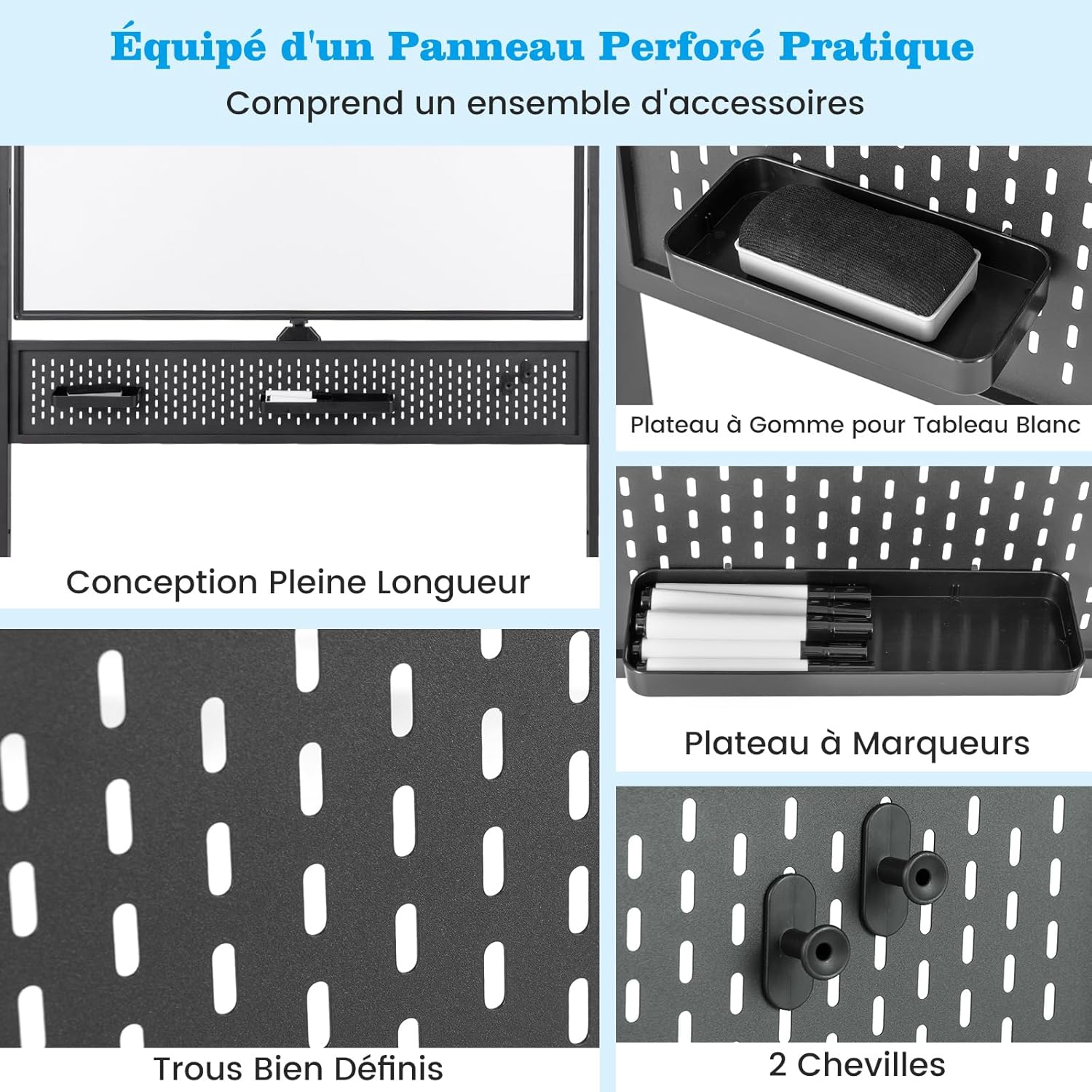 Tableau Blanc Effacable sur Pied 120 x 90 cm, Double Face, Tableau Blanc Roulette, 2 Hauteur Réglables, Cadre en Métal, Panneau Perforé(Noir) - 7