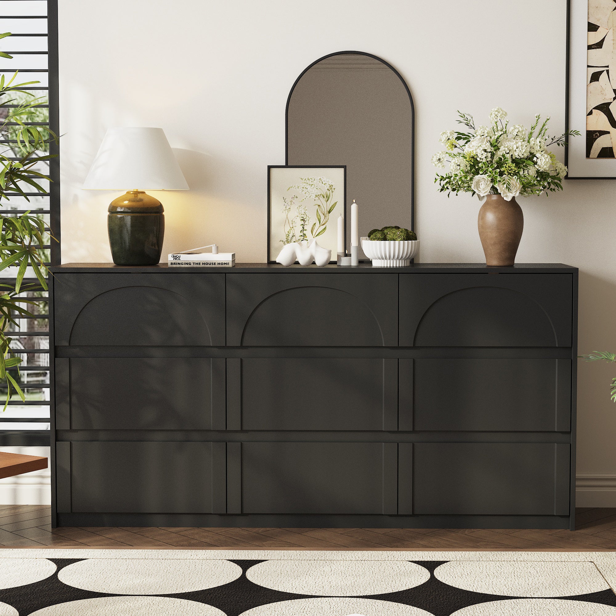 Commode avec 9 Tiroirs sans Poignée, Antibasculement, Armoire Base Moderne pour Chambre et Salon, 160 x 35 x 80 CM, Noir - 5