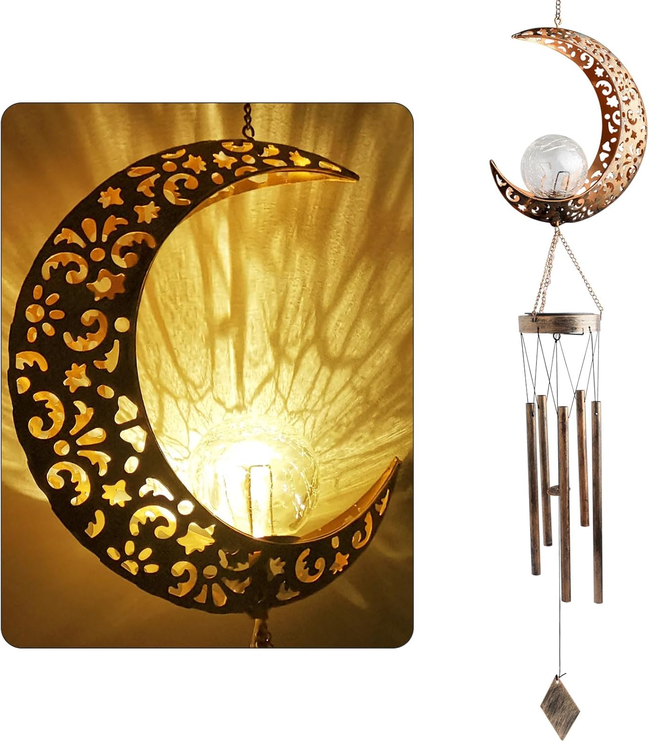 Dzwonek wiatrowy solarny w kształcie księżyca, zasilany diodami LED, wodoodporny, metalowy, ogrodowy, na patio i trawnik