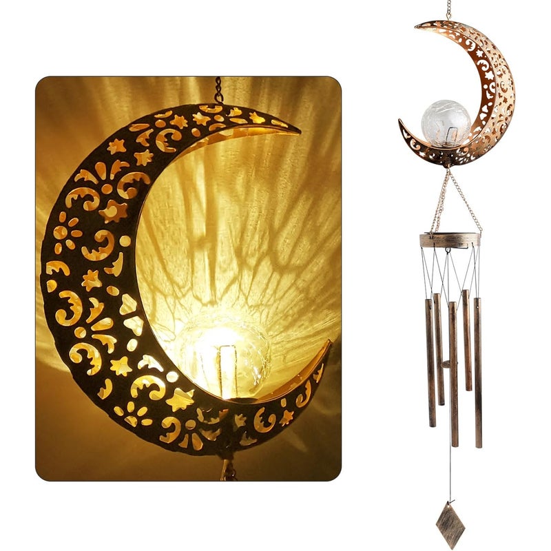 Dzwonek wiatrowy solarny w kształcie księżyca, zasilany diodami LED, wodoodporny, metalowy, ogrodowy, na patio i trawnik