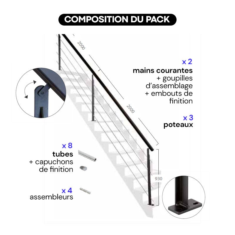 Kit garde-corps acier noir 4m pose à plat avec main courante acier, Universo KORDO - 3