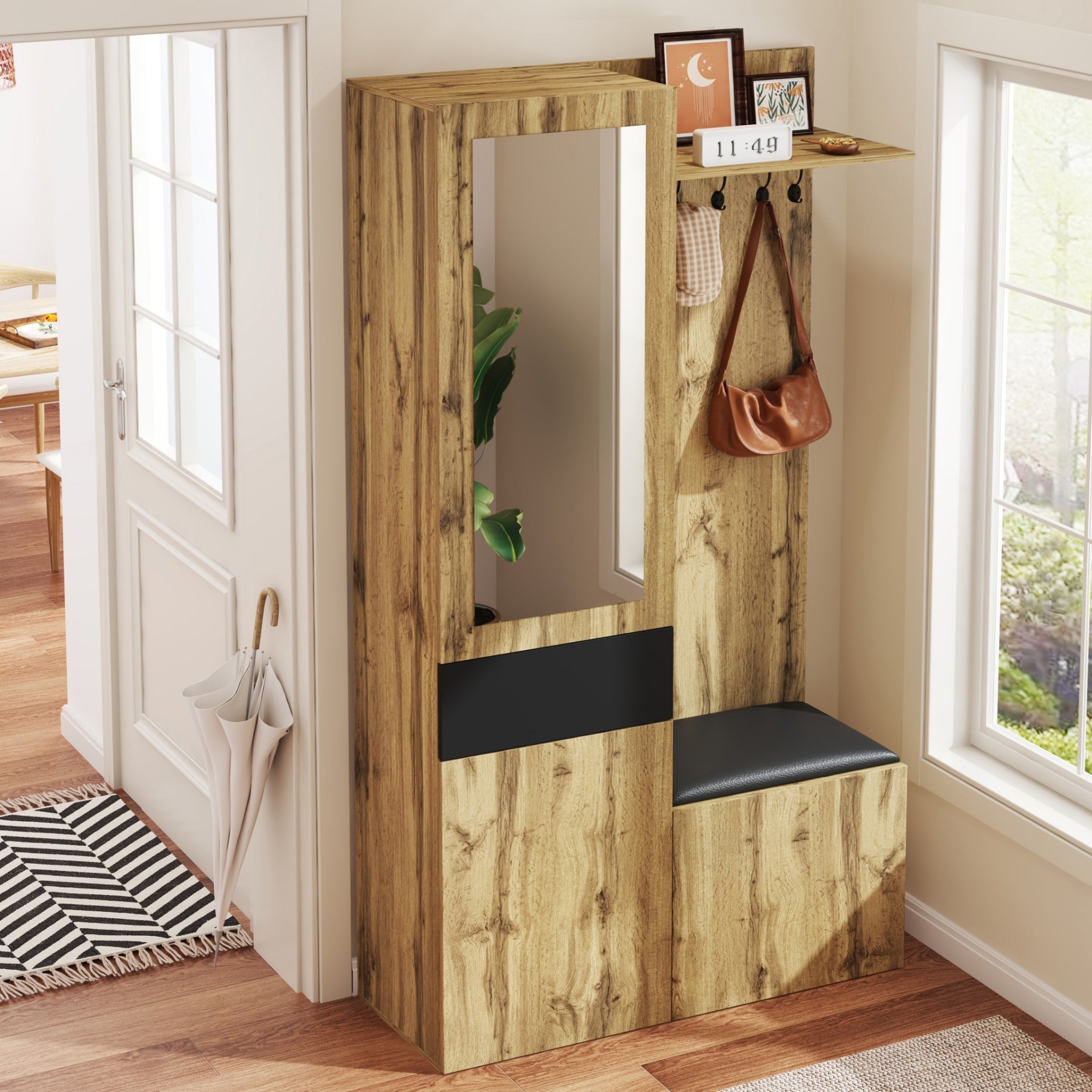 Ensemble meuble à chaussures avec banc + miroir + porte-manteau - 98,5 L x 38 l x 191 H cm - 3 portes et 1 tiroir - MDF - Naturel + noir - 5