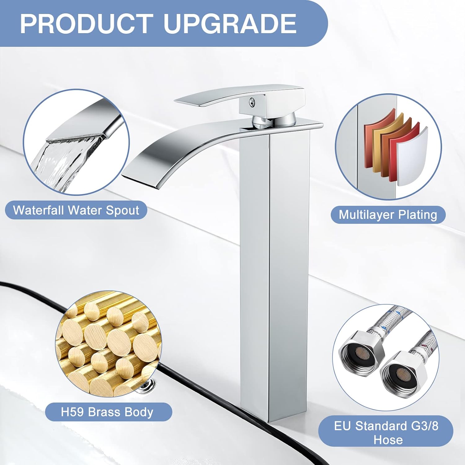 Grand robinet d'évier à cascade moderne avec eau chaude et froide disponible, robinet à cascade chromé，Robinet Cascade Silver Natural Bend - Haut - 2