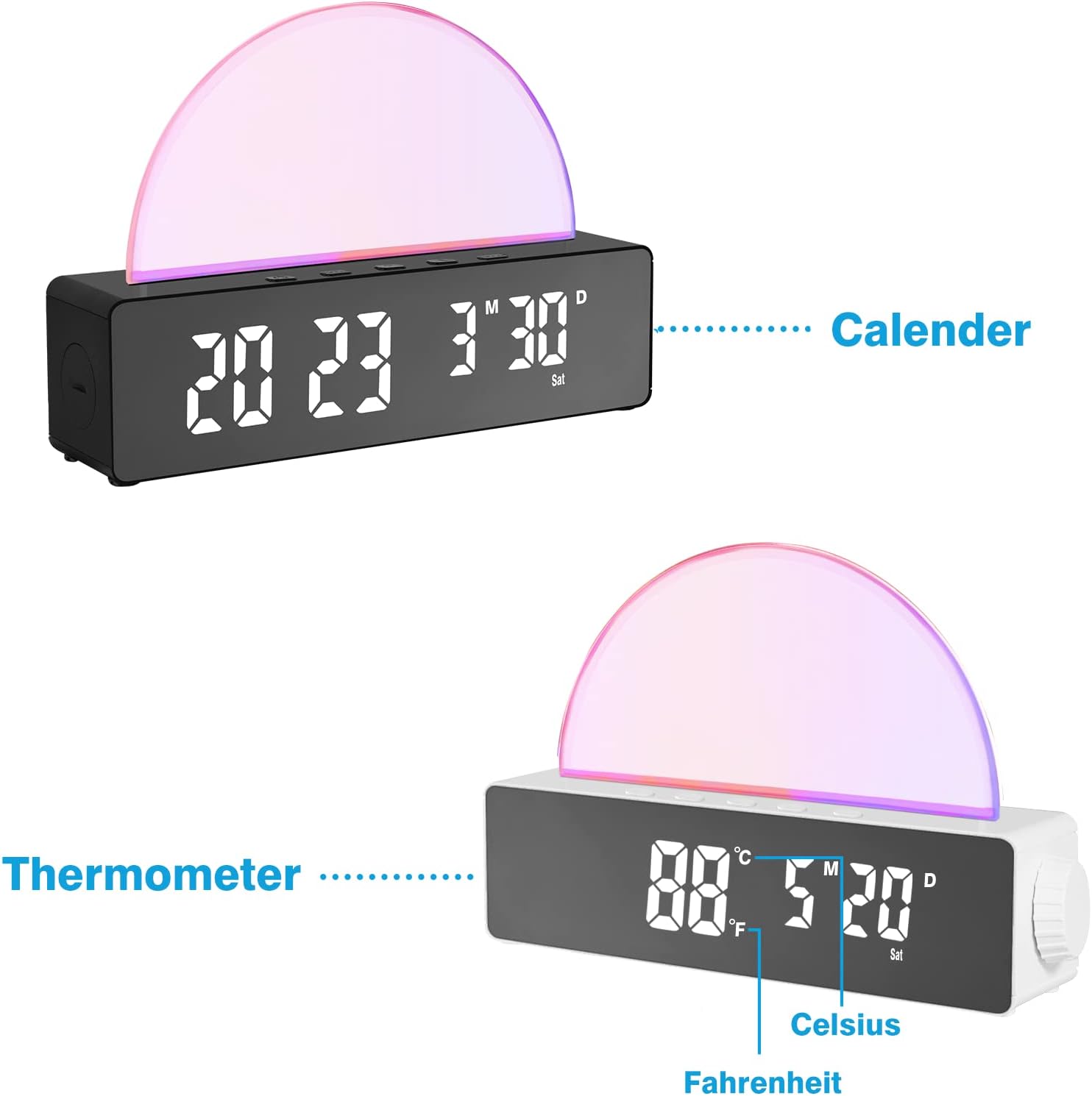 Réveil lumineux avec 10 modes de couleur, horloge numérique LED avec date/température, port de chargement USB, fonctions snooze et mode nuit (noir) - 5